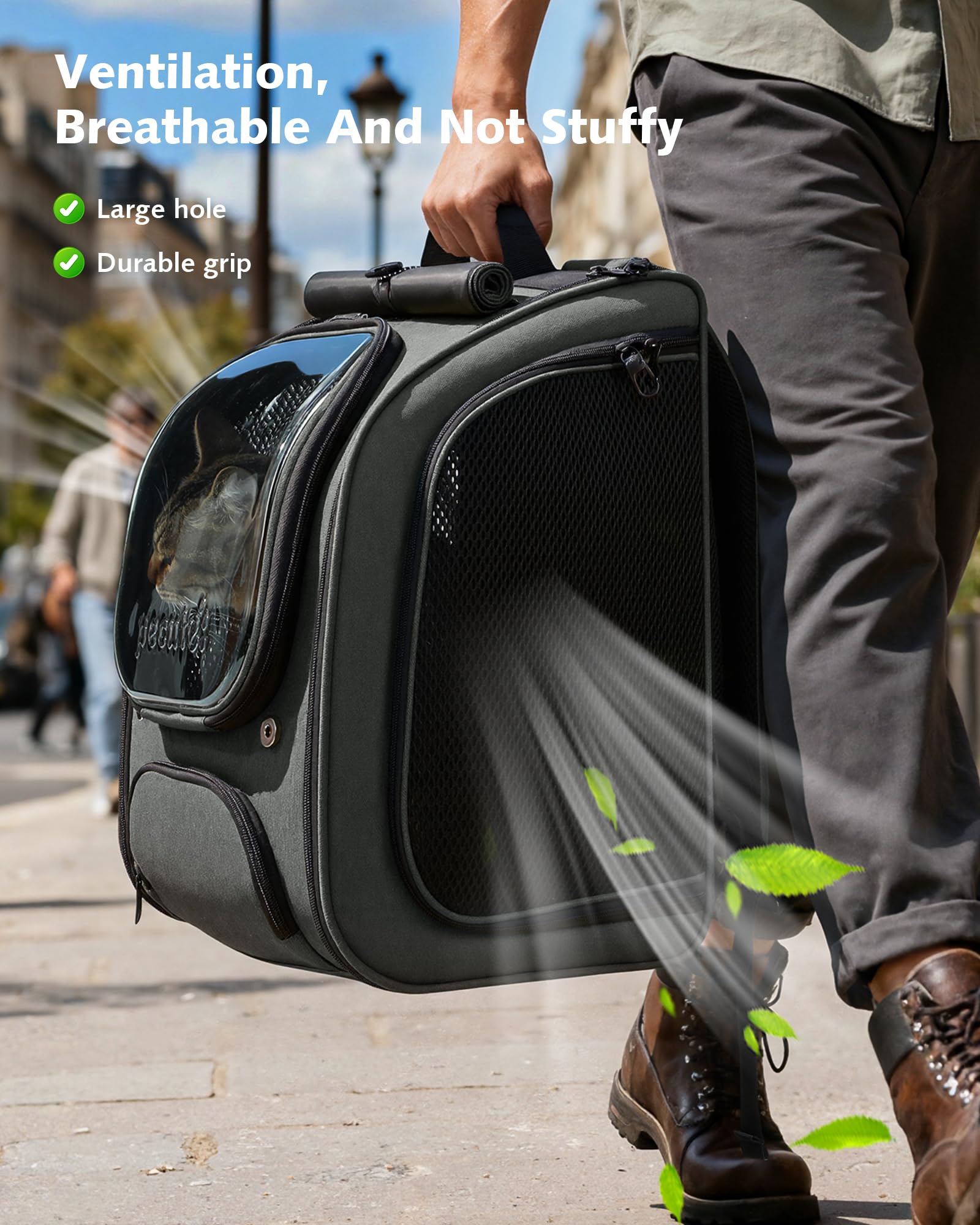 Pecute Mochila Gato Accesorios Frontales: bolsillos para snacks y documentos.