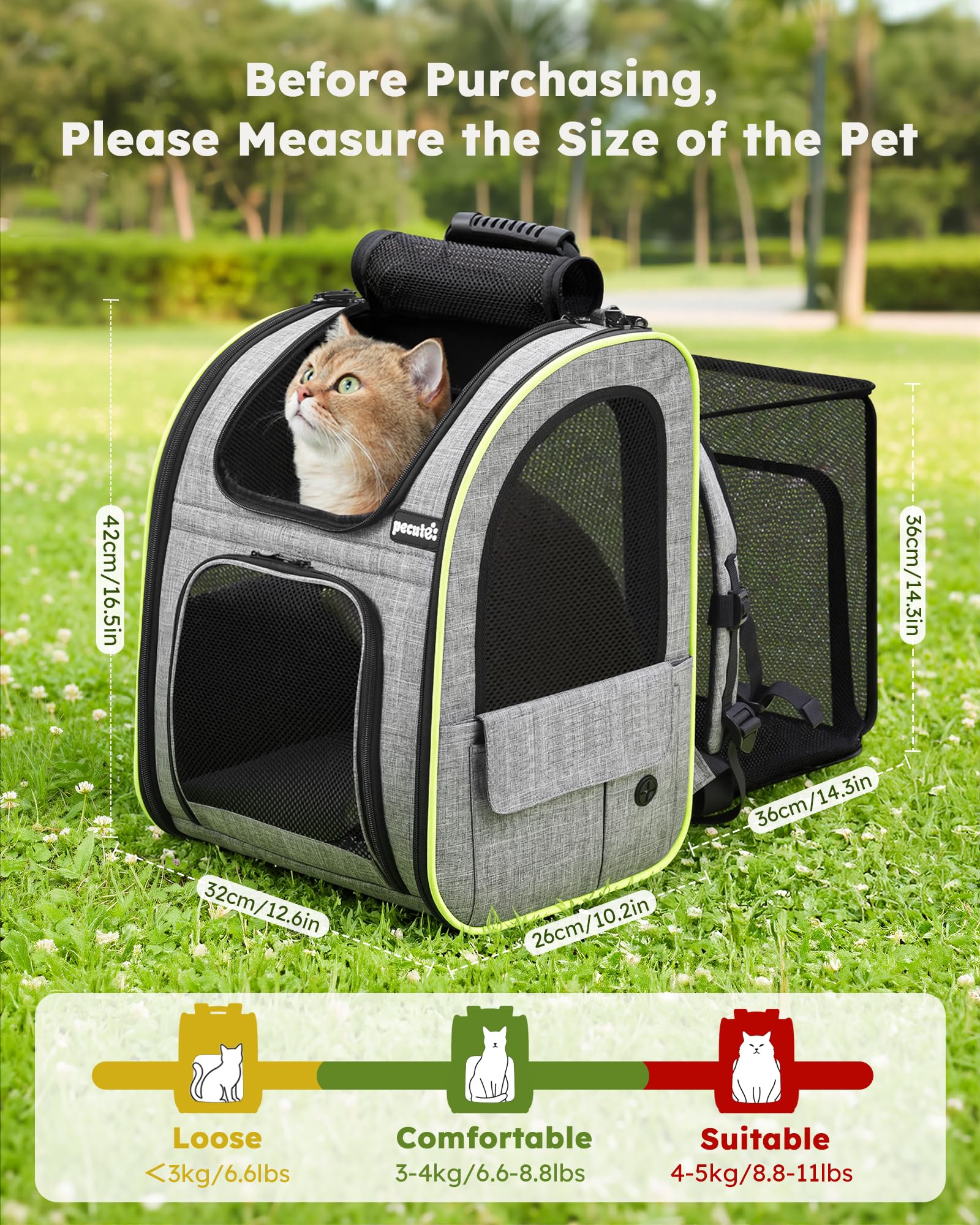Pecute Mochila para gatos con ventanas de malla en cuatro lados para ventilación óptima.