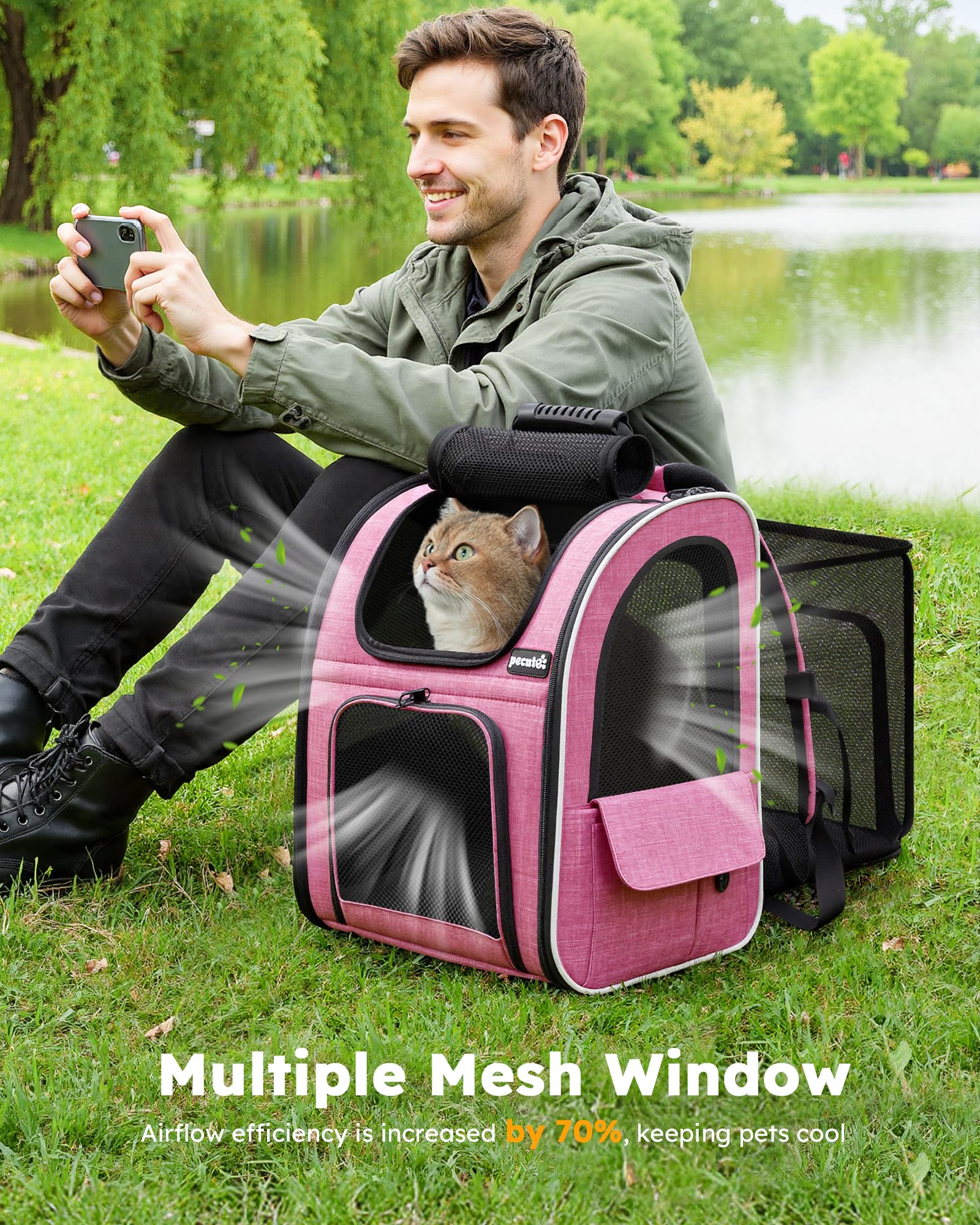 Pecute Mochila: bolsillos laterales para comida, bolsas de desecho y accesorios.