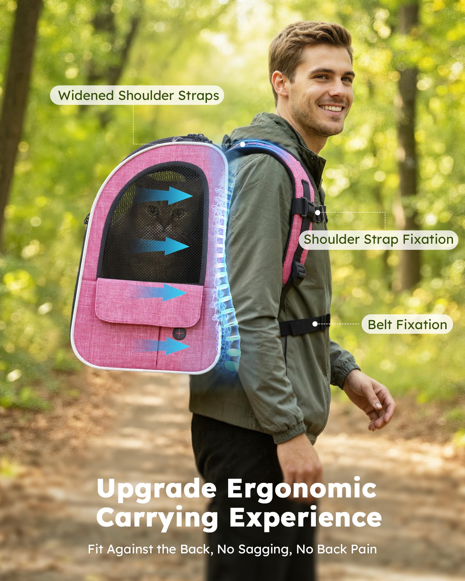 Pecute Mochila: correas ergonómicas anchas y espalda acolchada reducen la carga durante caminatas.