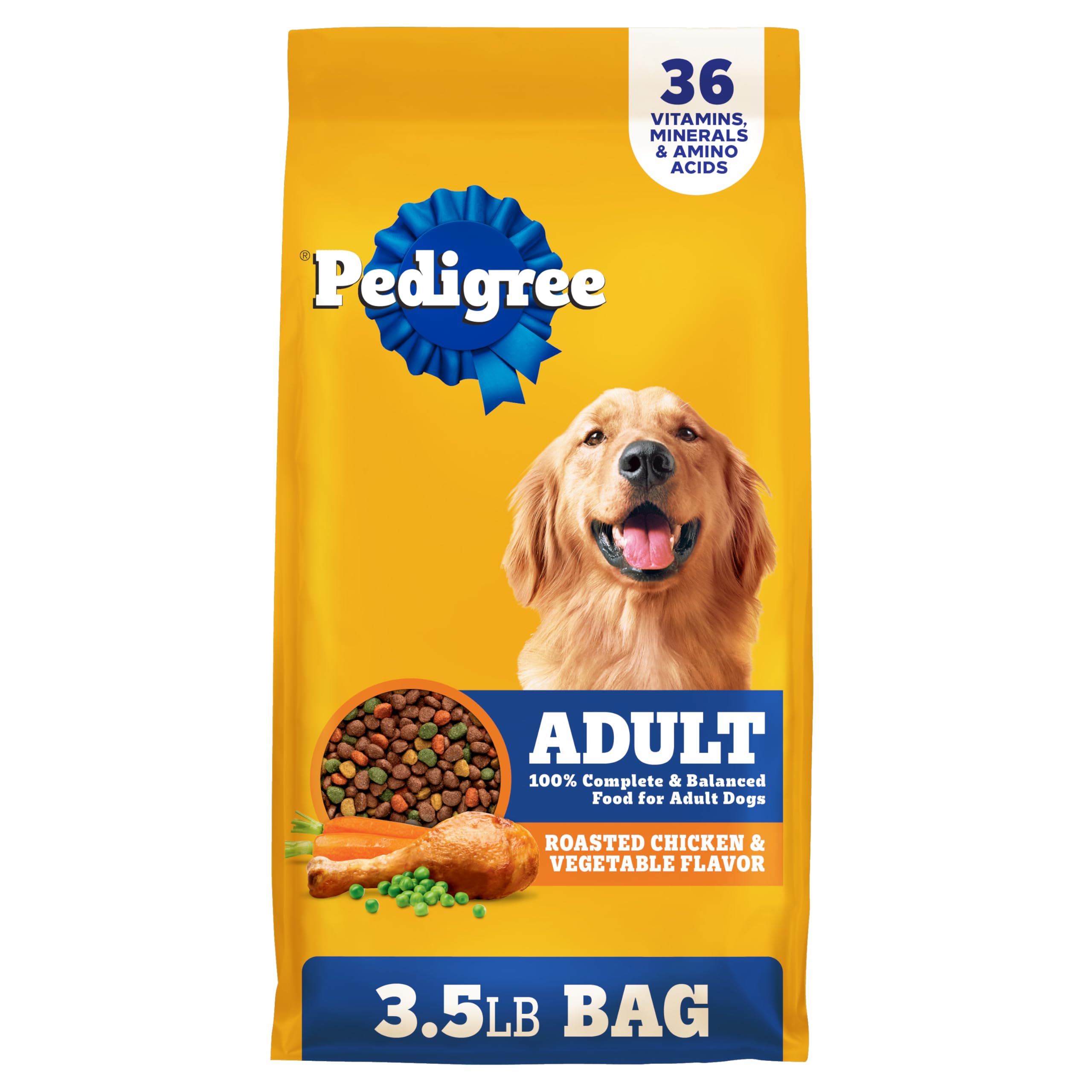 Pedigree alimento seco para perro adulto, croquetas de pollo asado y verduras, textura atractiva.