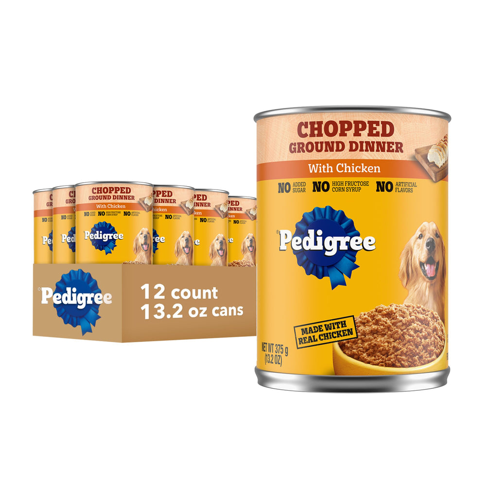 Pedigree Cena húmeda picada con pollo en lata, textura suave para perros adultos.