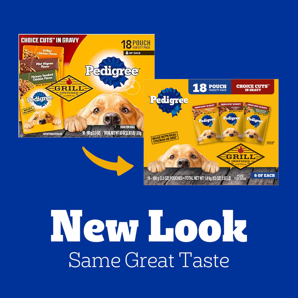 Pedigree Choice Cuts in Gravy in a dog bowl ready to serve with savory gravy.