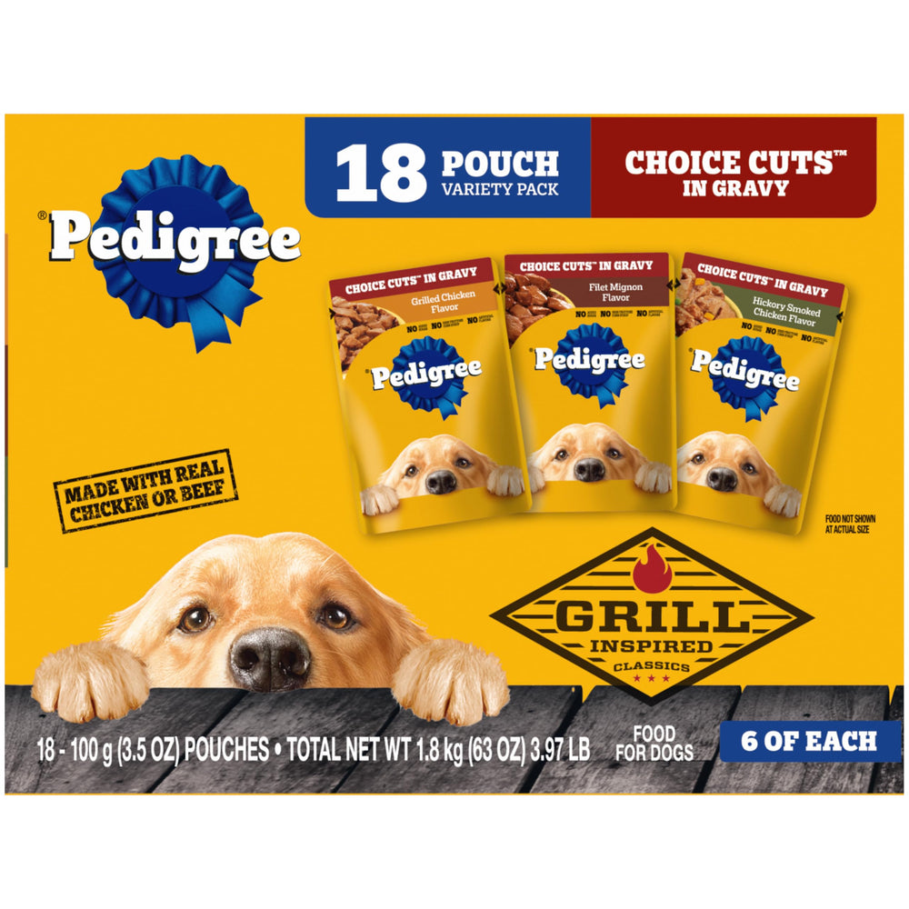 Pedigree Choice Cuts in Gravy pouch pack with 18 servings for convenient meals.