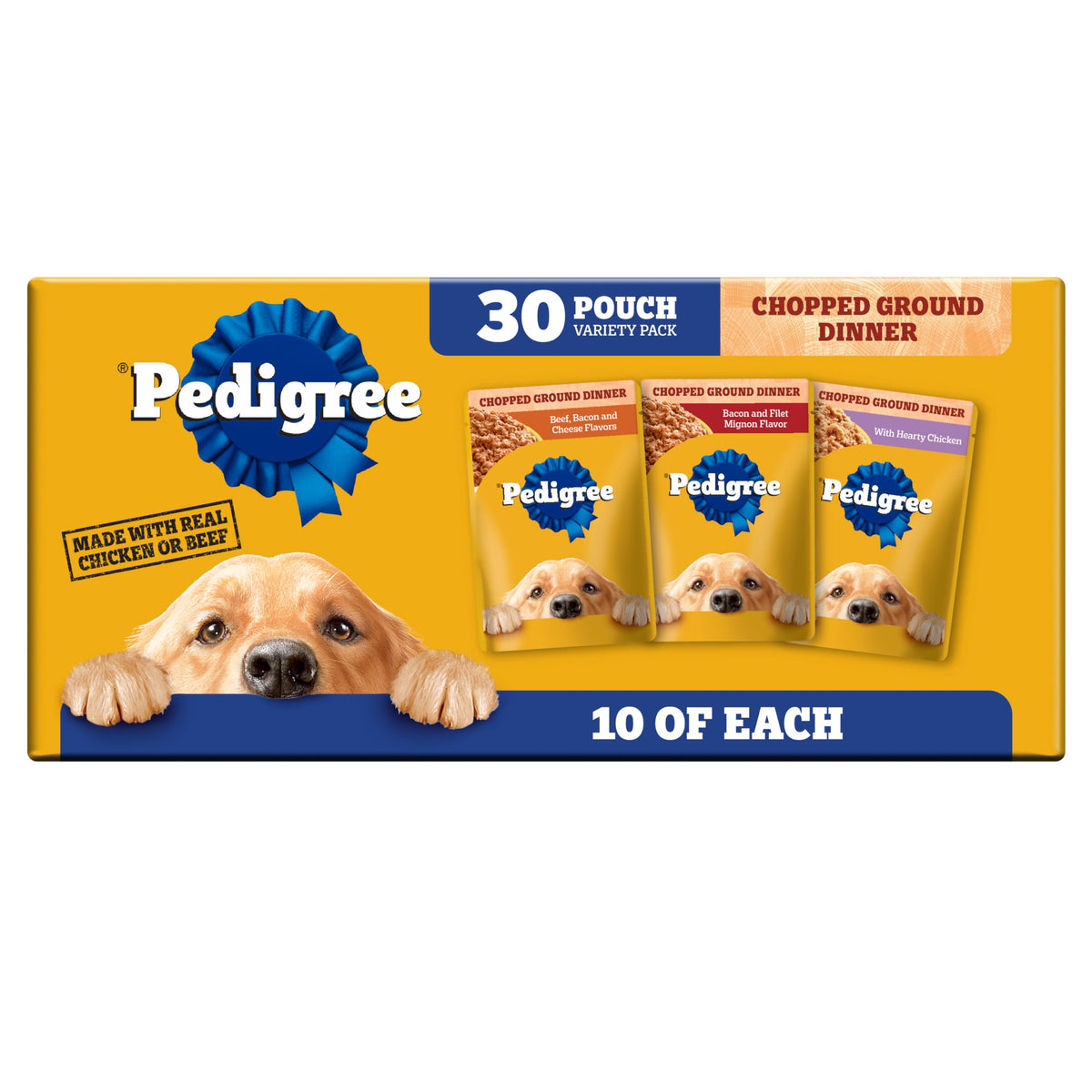 Pedigree Chopped Ground Dinner, bolsa 3-5oz abierta, porción diaria para perro adulto.