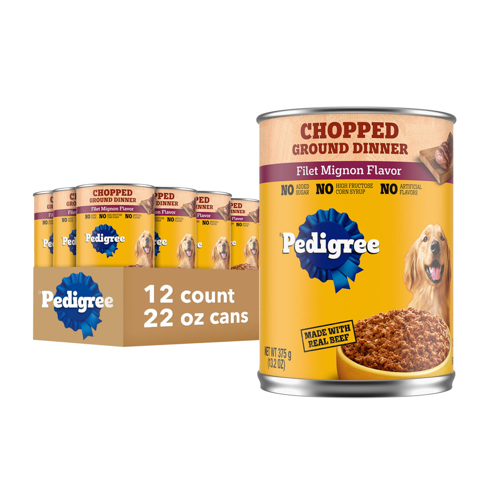 Pedigree Chopped Ground Dinner, lata abierta con filet mignon, textura suave para perros adultos.