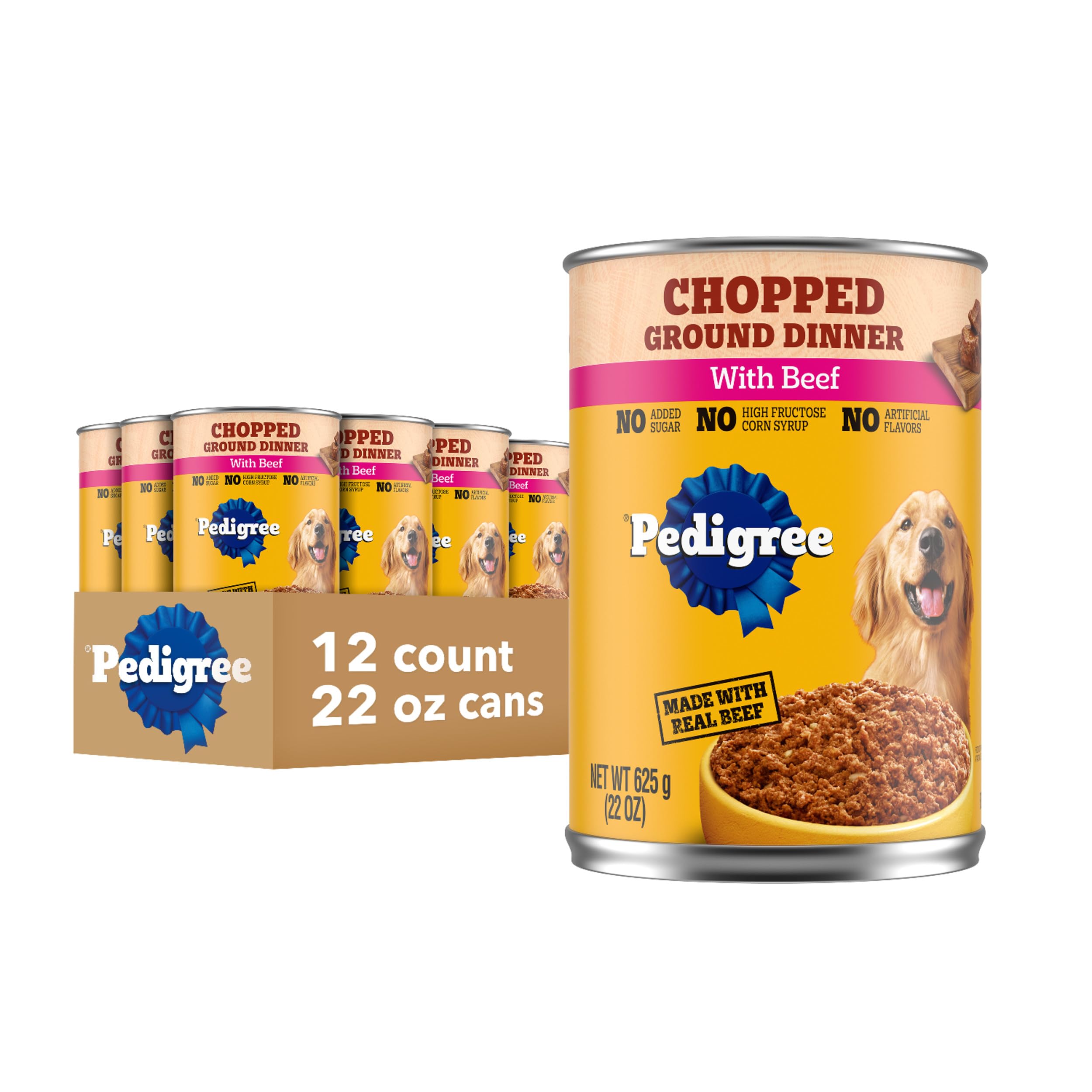 Pedigree Chopped Ground Dinner: lata con carne de res, ideal como comida completa para perros adultos.