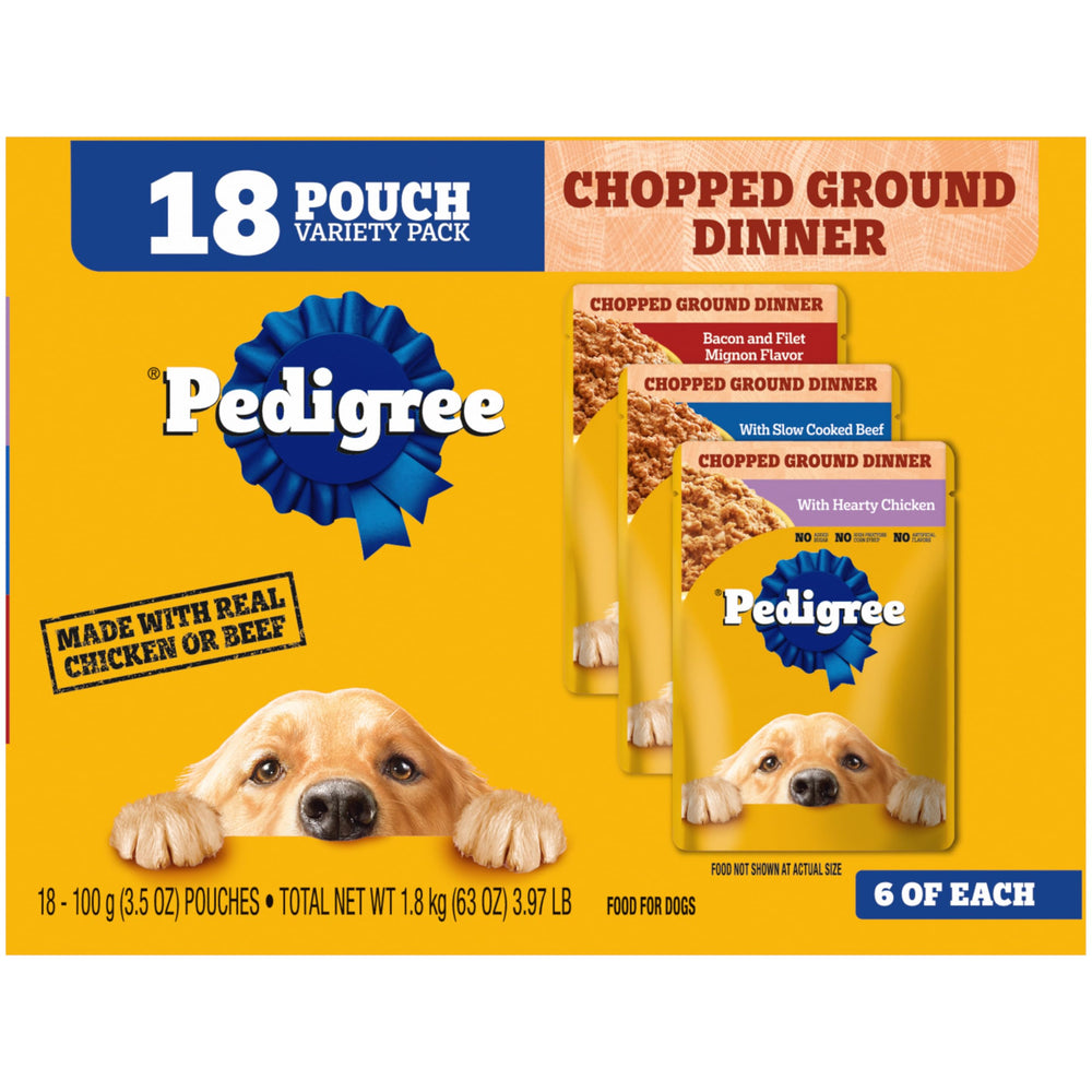 Pedigree Chopped Ground Dinner, porciones 3.5 oz, ideal para alimentar a tu perro.