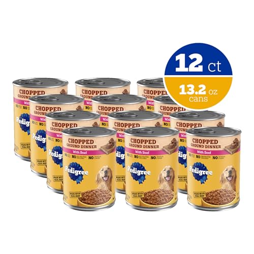 Pedigree Chopped Ground Dinner servido en plato, textura suave para masticar.