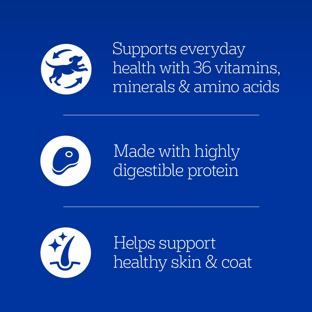 Pedigree Chopped Ground Dinner muestra trozos de carne en la porción húmeda.