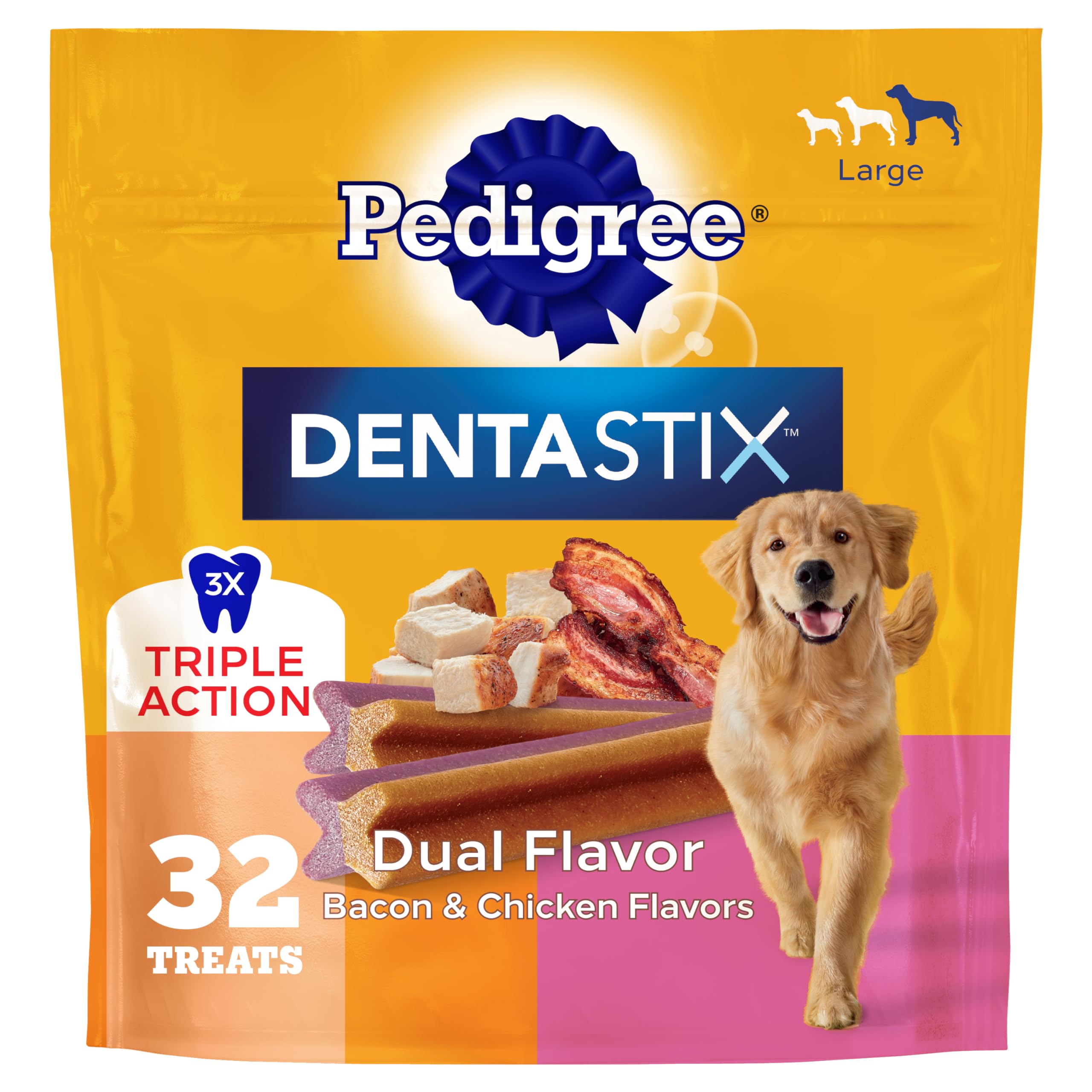 Pedigree Dentastix bag front view showing dual flavor for large dogs