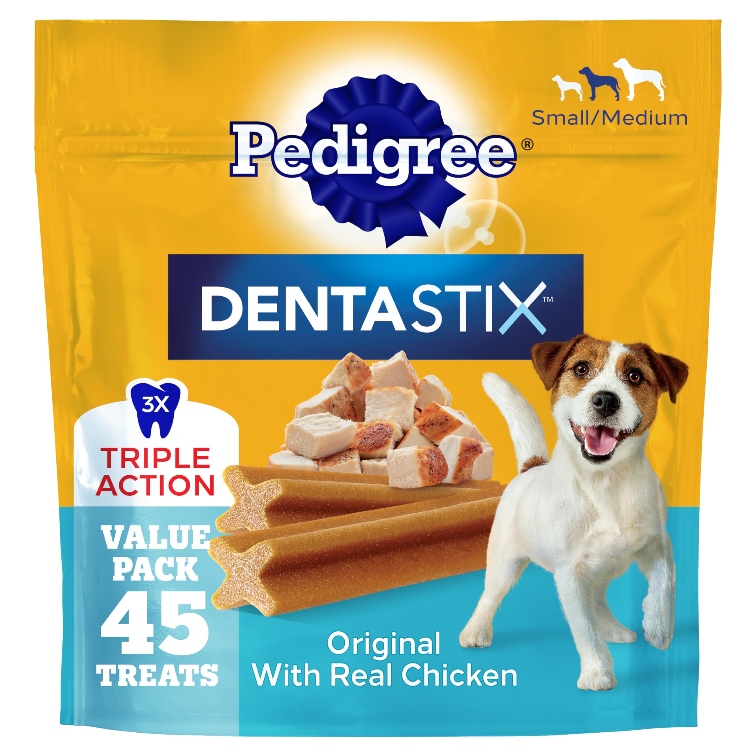 Pedigree Dentastix golosinas dentales para perro con sabor a pollo real.