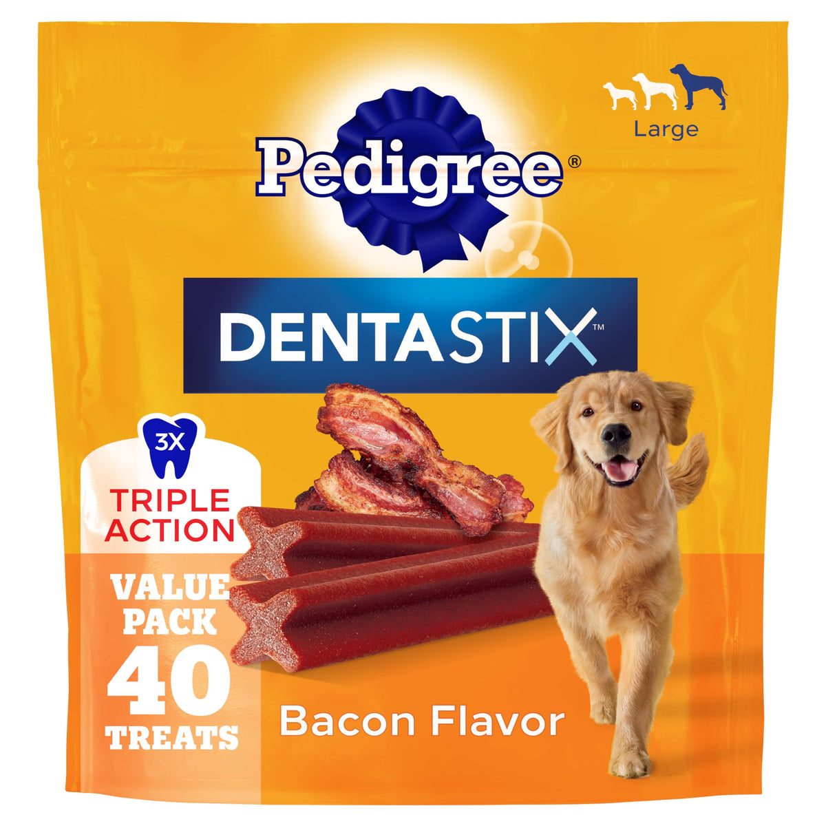 Pedigree Dentastix large-breed bacon flavor bag displays 40 treats for daily dental care.
