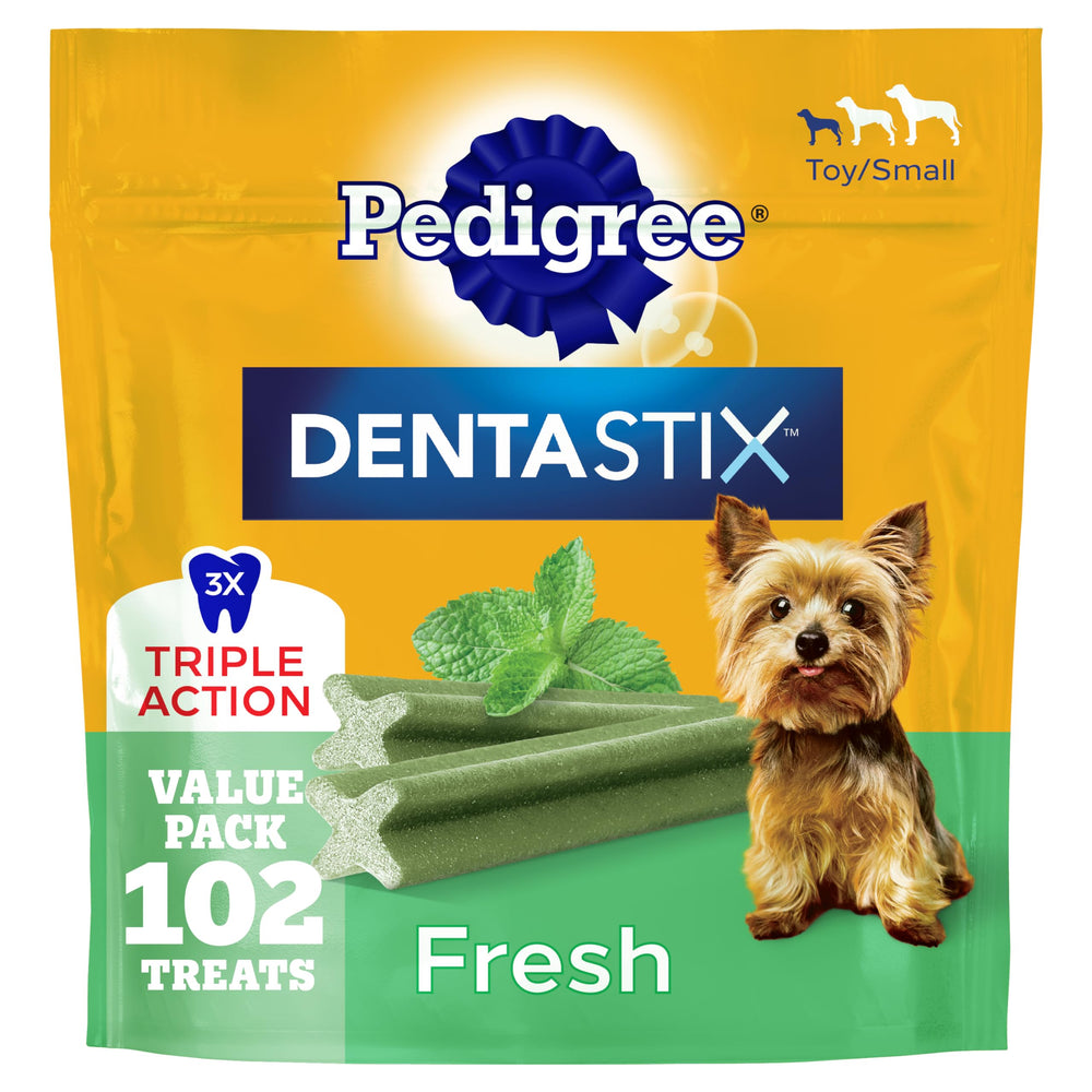 Pedigree Dentastix: paquete de 102 premios para perros pequeños, snack dental diario.