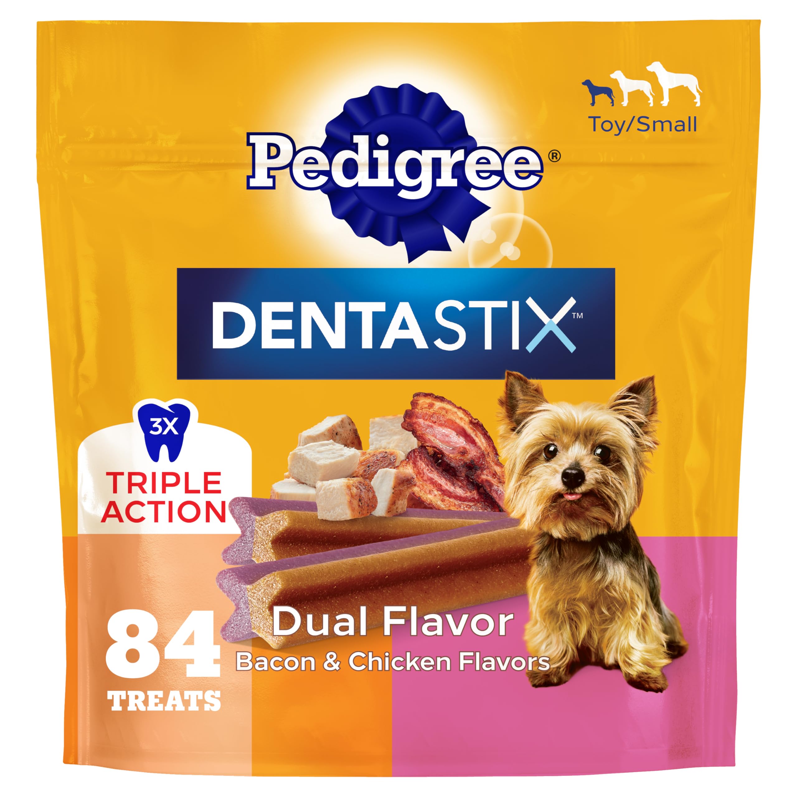 Pedigree Dentastix small dog bag front shows the dental chews for daily care.
