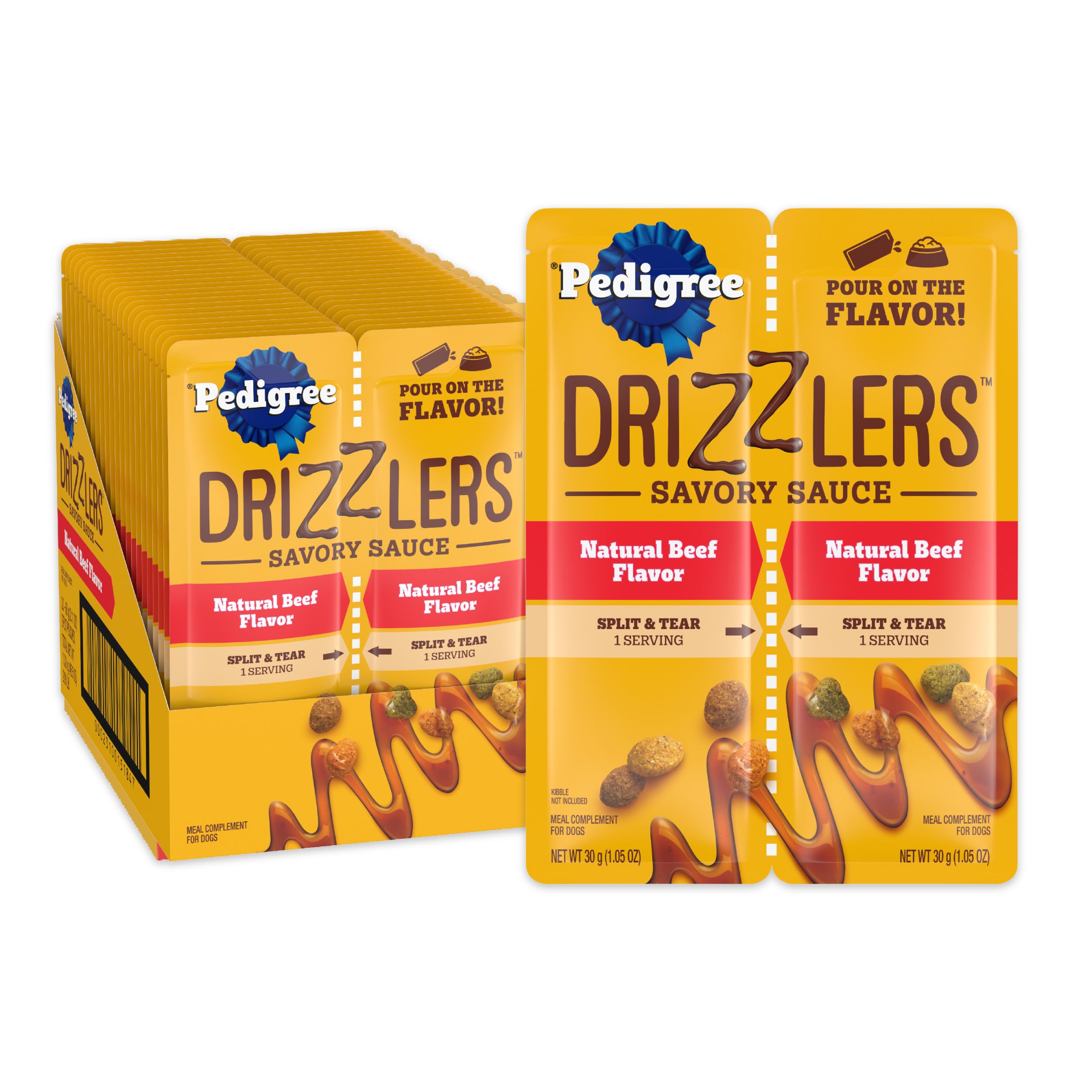 Pedigree Drizzlers muestra la bolsa de doble porción para servir ahora y después.