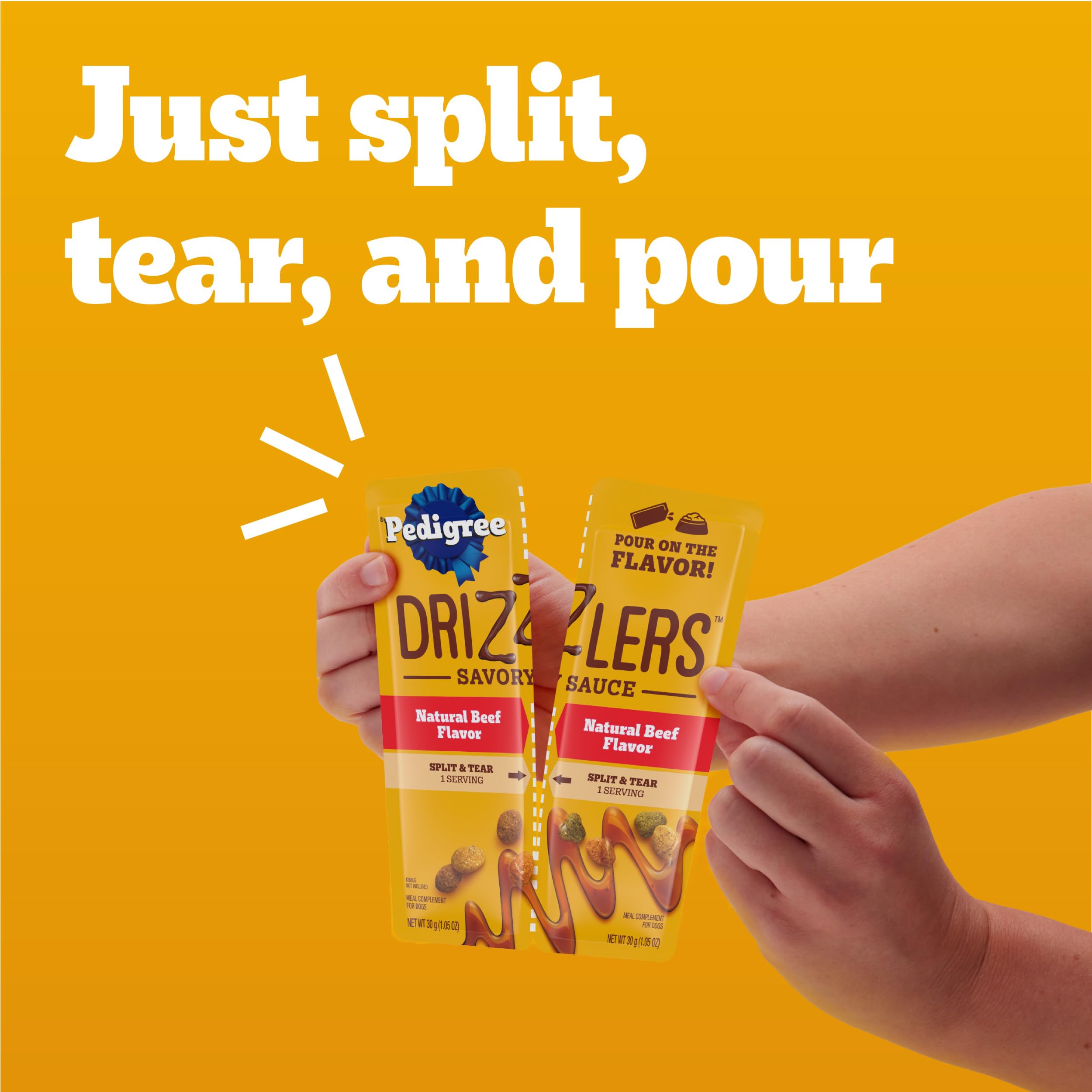 Pedigree Drizzlers verter sobre comida seca aporta sabor adicional manteniendo la crocancia.