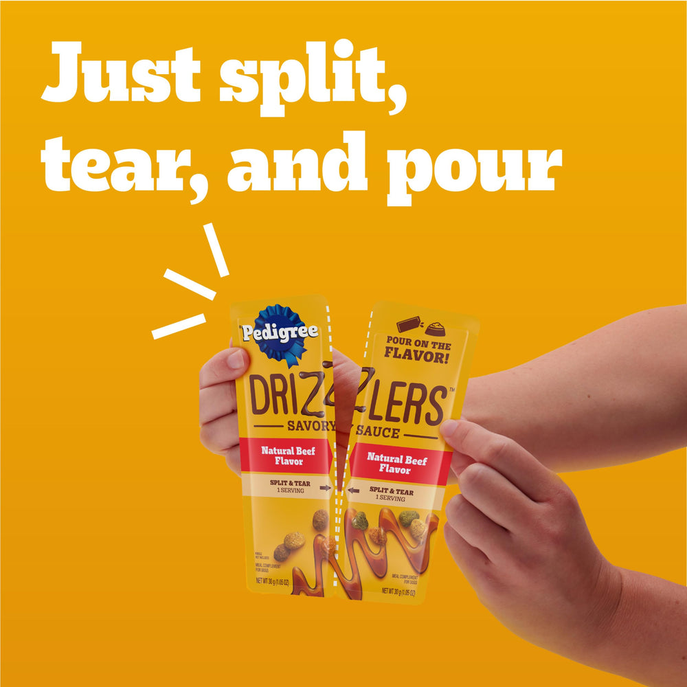 Pedigree Drizzlers verter sobre comida seca aporta sabor adicional manteniendo la crocancia.
