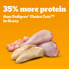 Pedigree alta proteína, sabor pavo real, en salsa sabrosa.