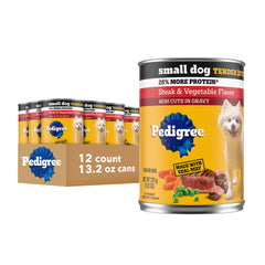 Pedigree para perros pequeños con Bocados Tiernos en salsa espesa de carne, lata lista para comer.