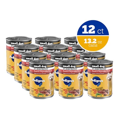 Pedigree pequeño-perro filete y verduras en salsa espesa, ideal como comida completa.