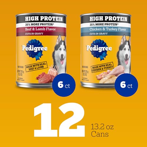 Pedigree lata con carne real para perro adulto, sabor jugoso.