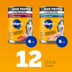 Pedigree lata con carne real para perro adulto, sabor jugoso.