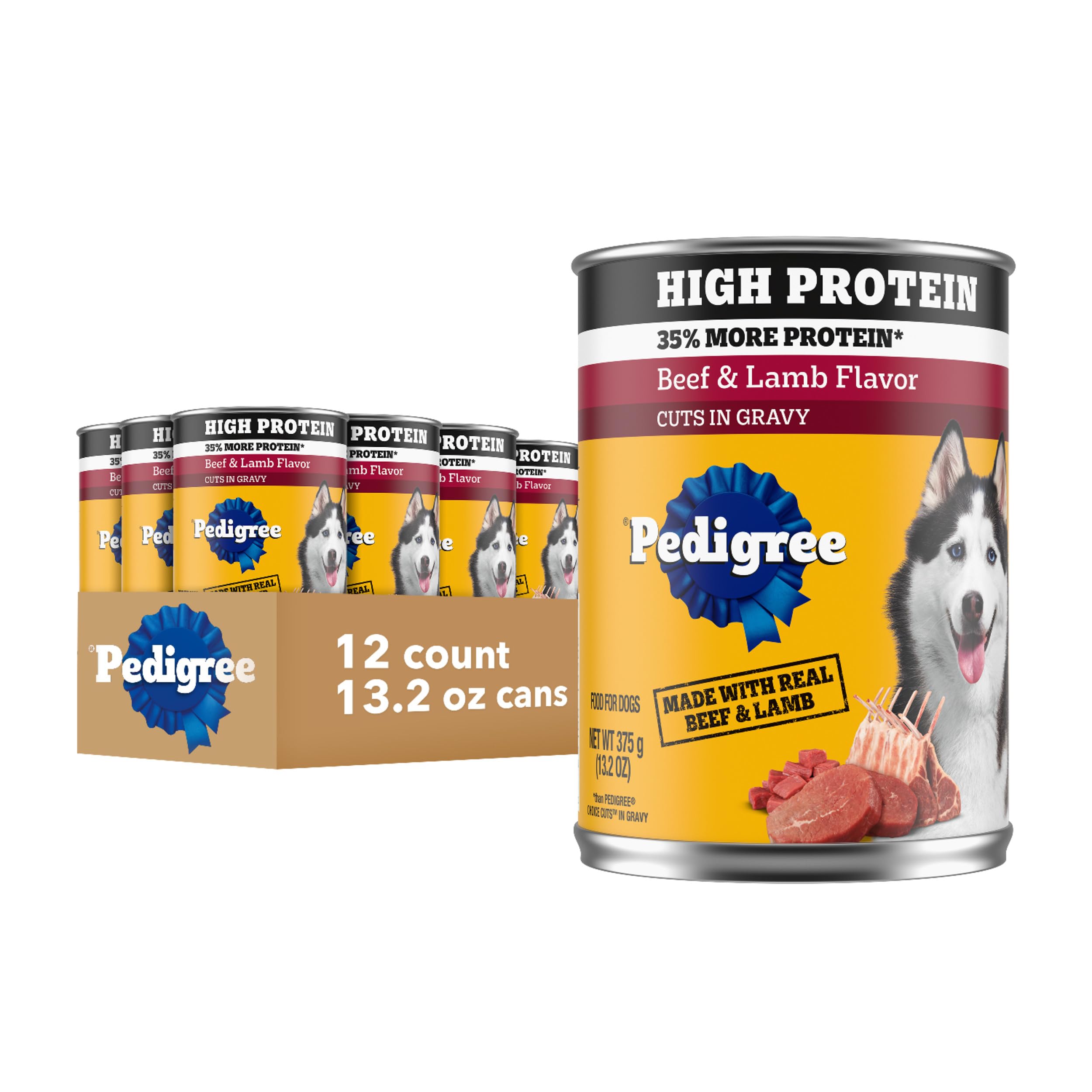Pedigree: lata de alta proteína con ternera y cordero, para perro adulto.