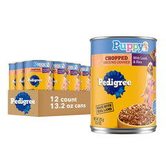 Pedigree Puppy Chopped Ground Dinner, lata 13.2 oz abierta con cordero y arroz, opción completa para cachorros