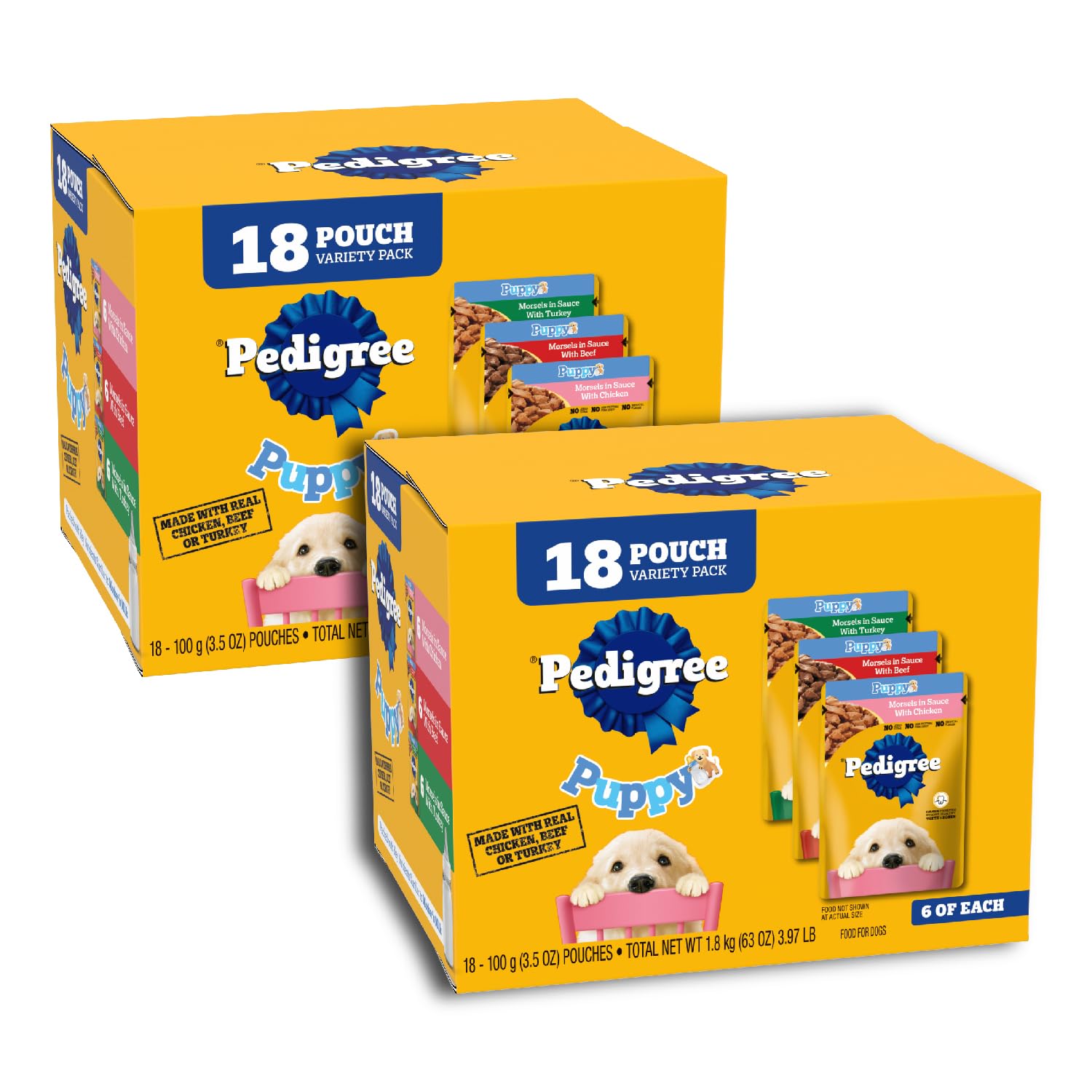 Pedigree Puppy Morsels en Salsa, bolsa de 3,5 oz para cachorros, sabor a pollo.