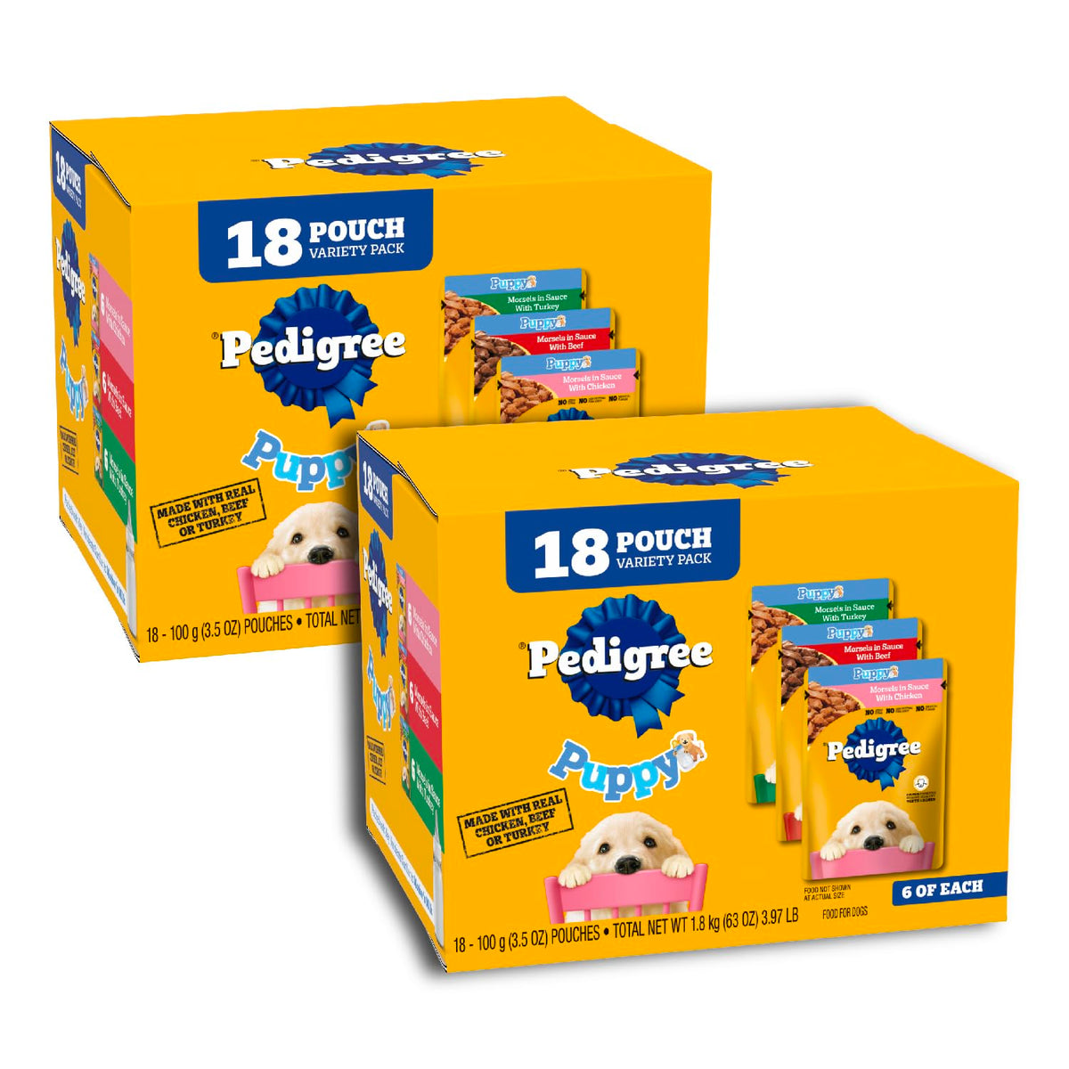 Pedigree Puppy Morsels en Salsa, bolsa de 3,5 oz para cachorros, sabor a pollo.