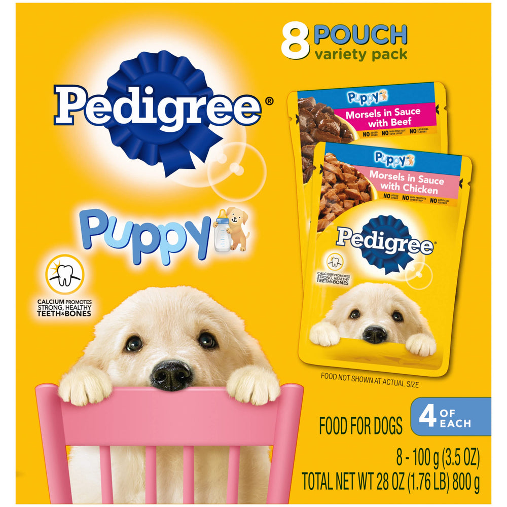 Pedigree Puppy Morsels con pollo, frente del empaque, sabor apetitoso para cachorros.