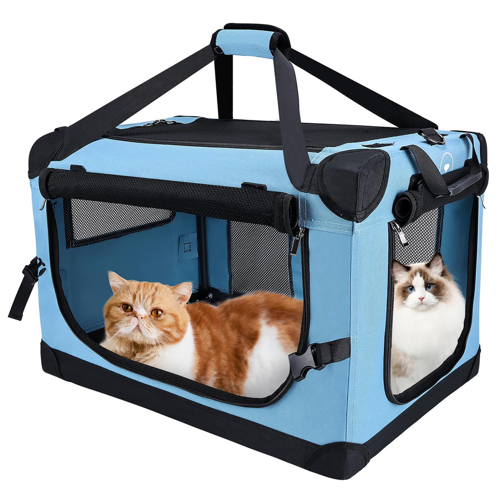 Pegic transportín para gato grande en coche, color azul verdoso, ofrece viaje estable y cómodo.
