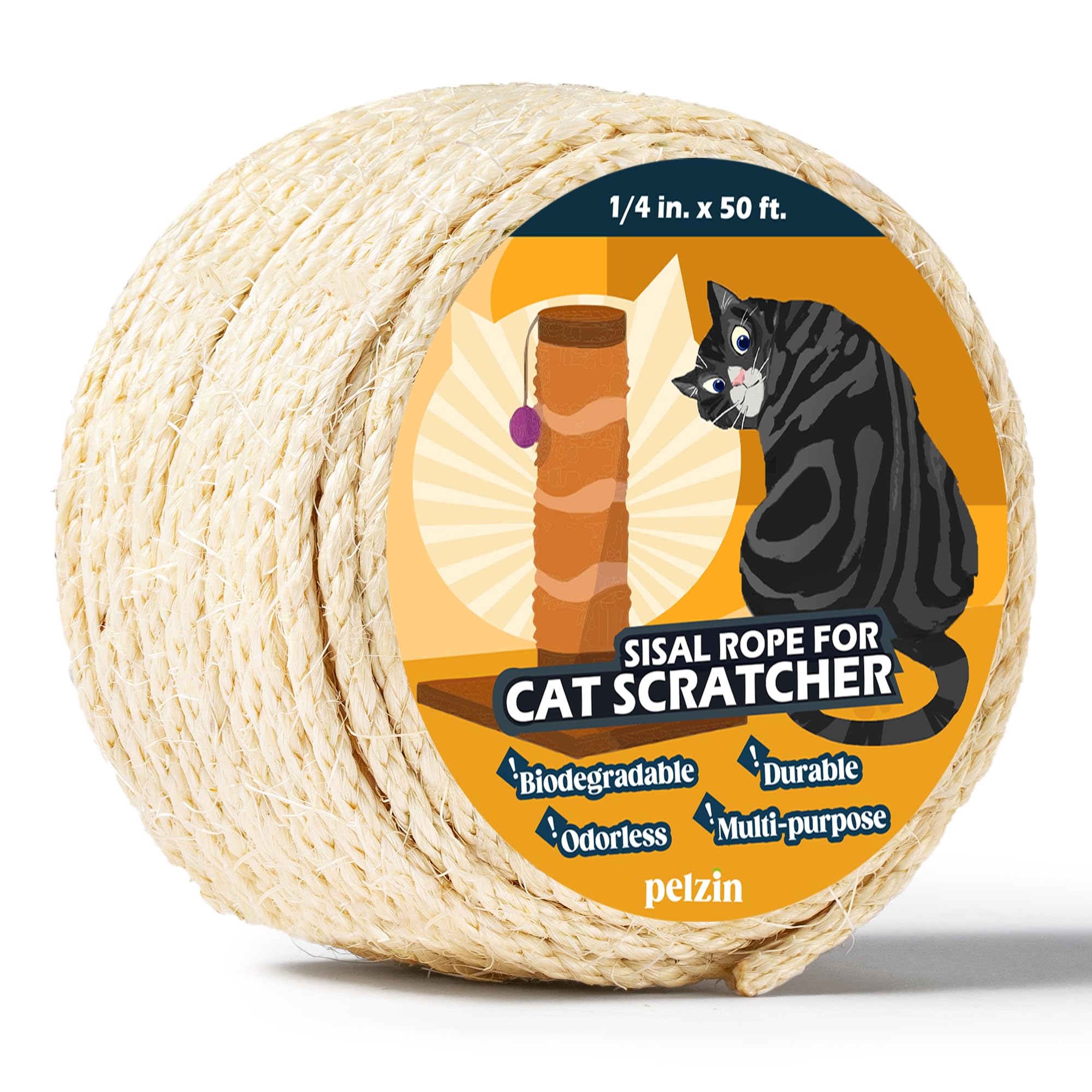 Pelzin cuerda sisal natural para gatos, 50-pies, postes de rascado duraderos