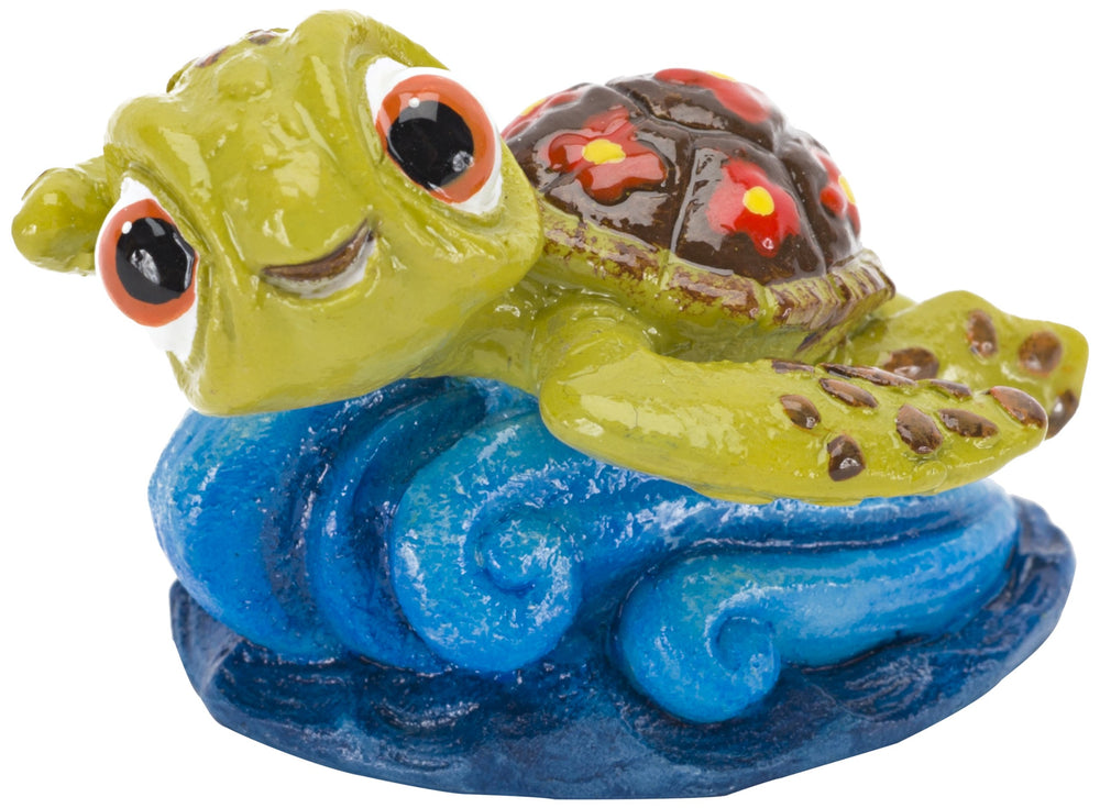 Penn-Plax Squirt mini, ornamento acuario tortuga montando ola, decoración temática segura para peces.