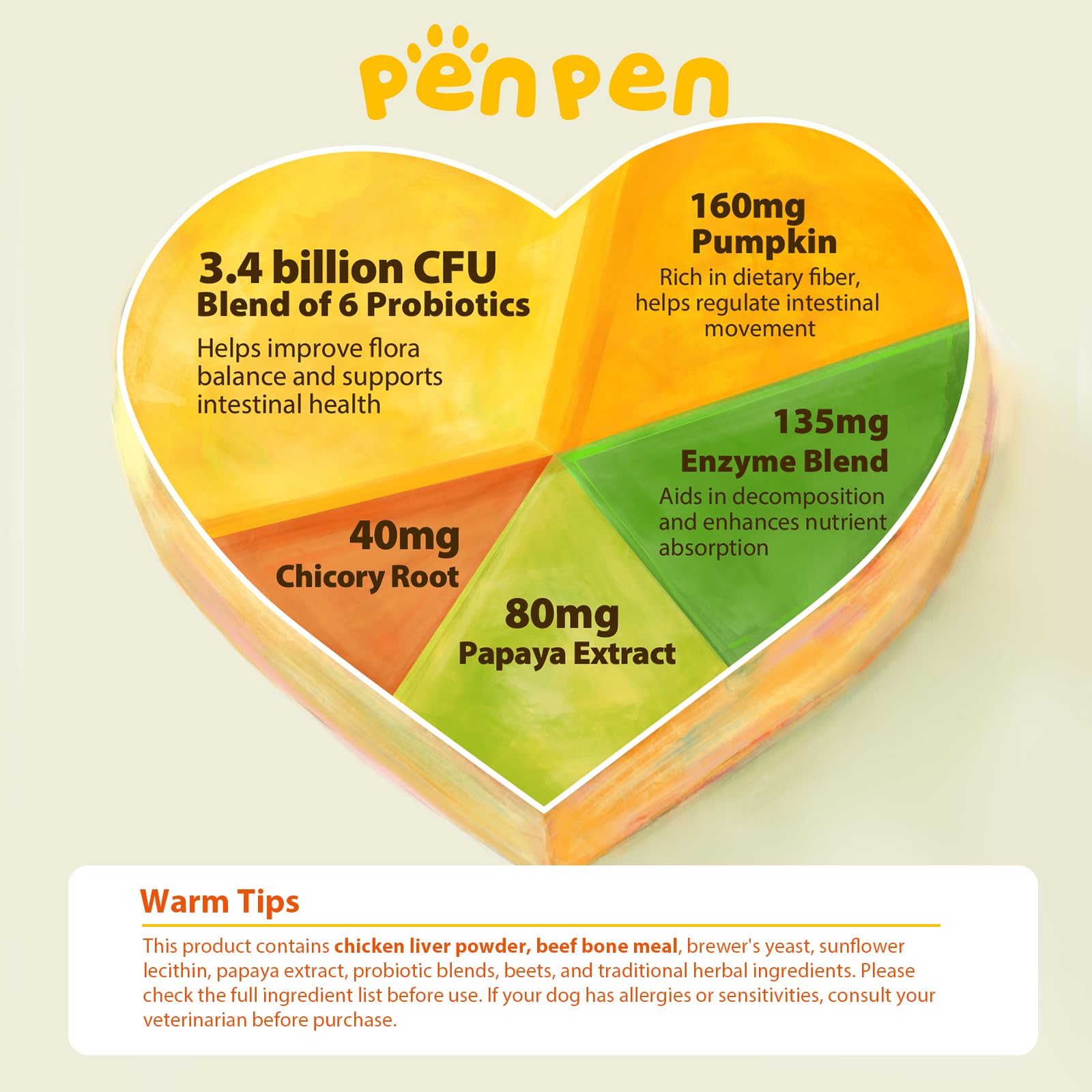 PENPEN Probióticos para perros: etiqueta informativa con ingredientes naturales y beneficios digestivos.