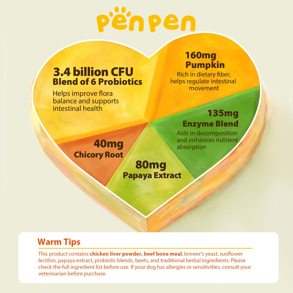 PENPEN Probióticos para perros: etiqueta informativa con ingredientes naturales y beneficios digestivos.