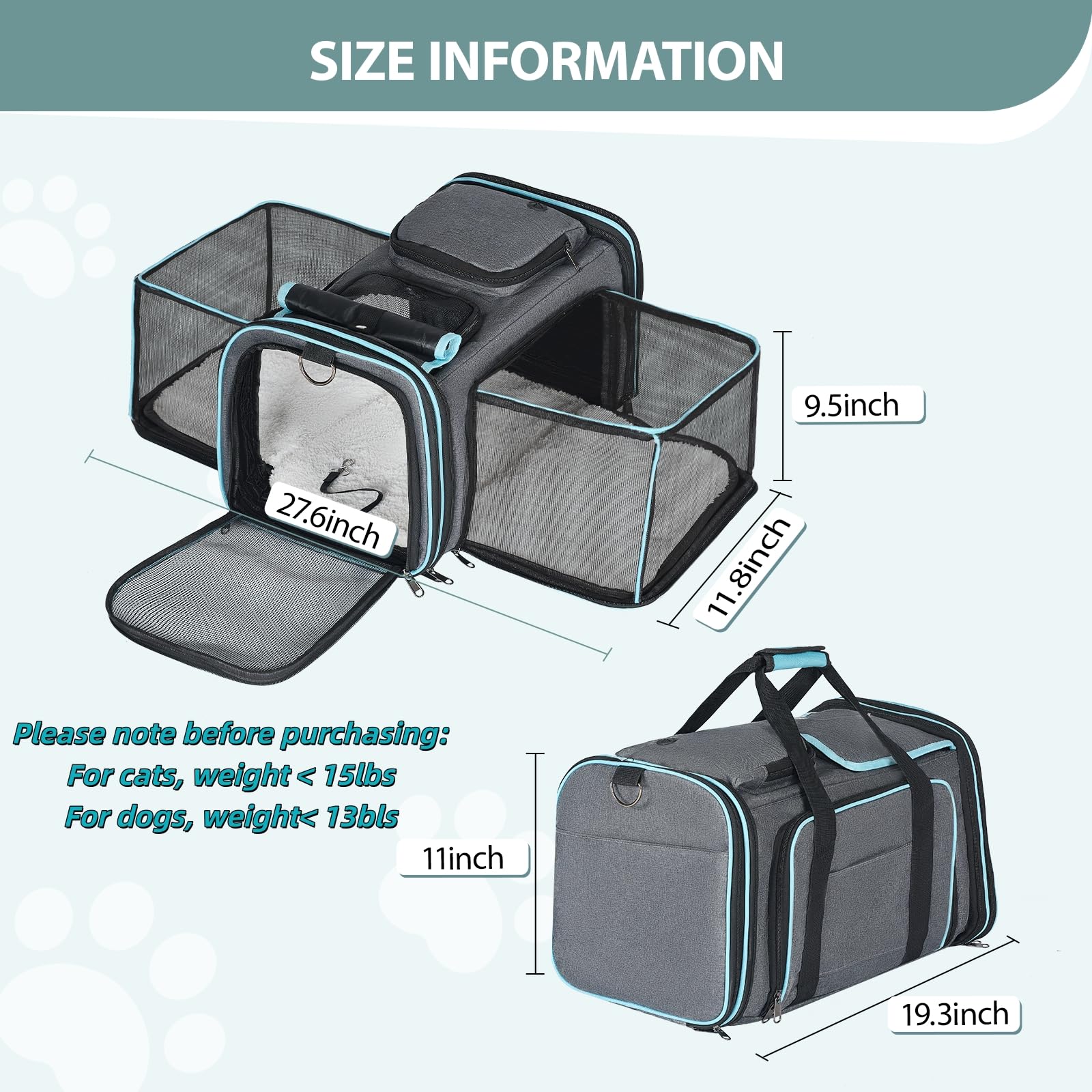 Pesen transportín mide 18x11x11 pulgadas, ideal para viajes.
