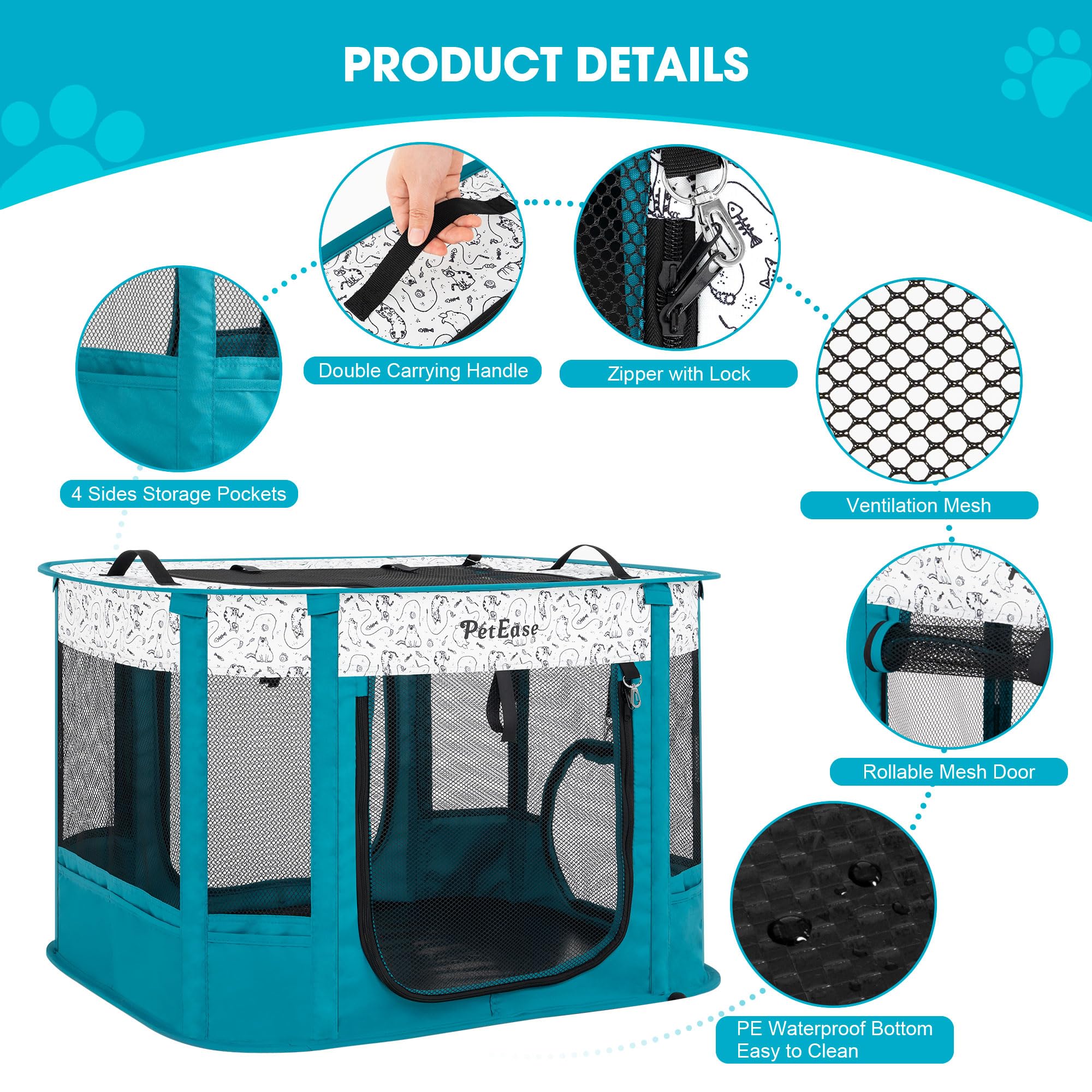 PETEASE mosquitera y puertas enrollables para acceso rápido al interior.