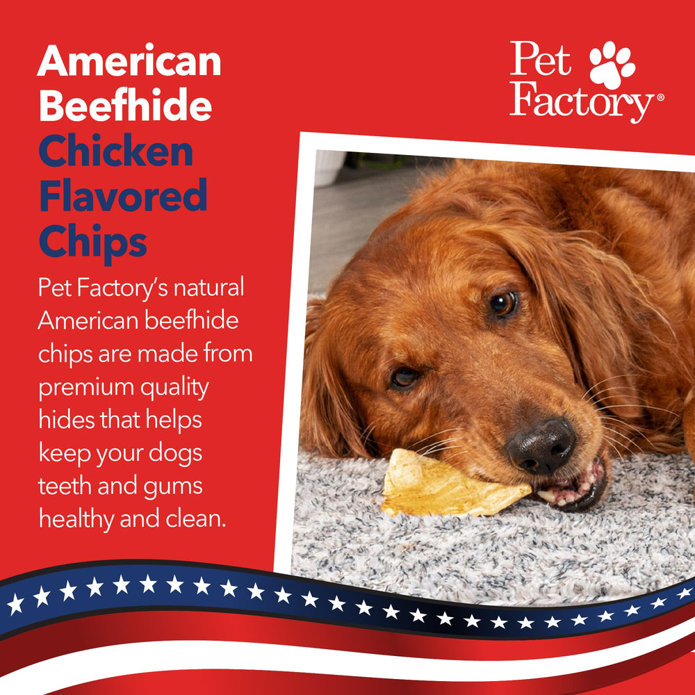 Detalle de empaque de Pet Factory chips de piel de res americano sabor pollo.