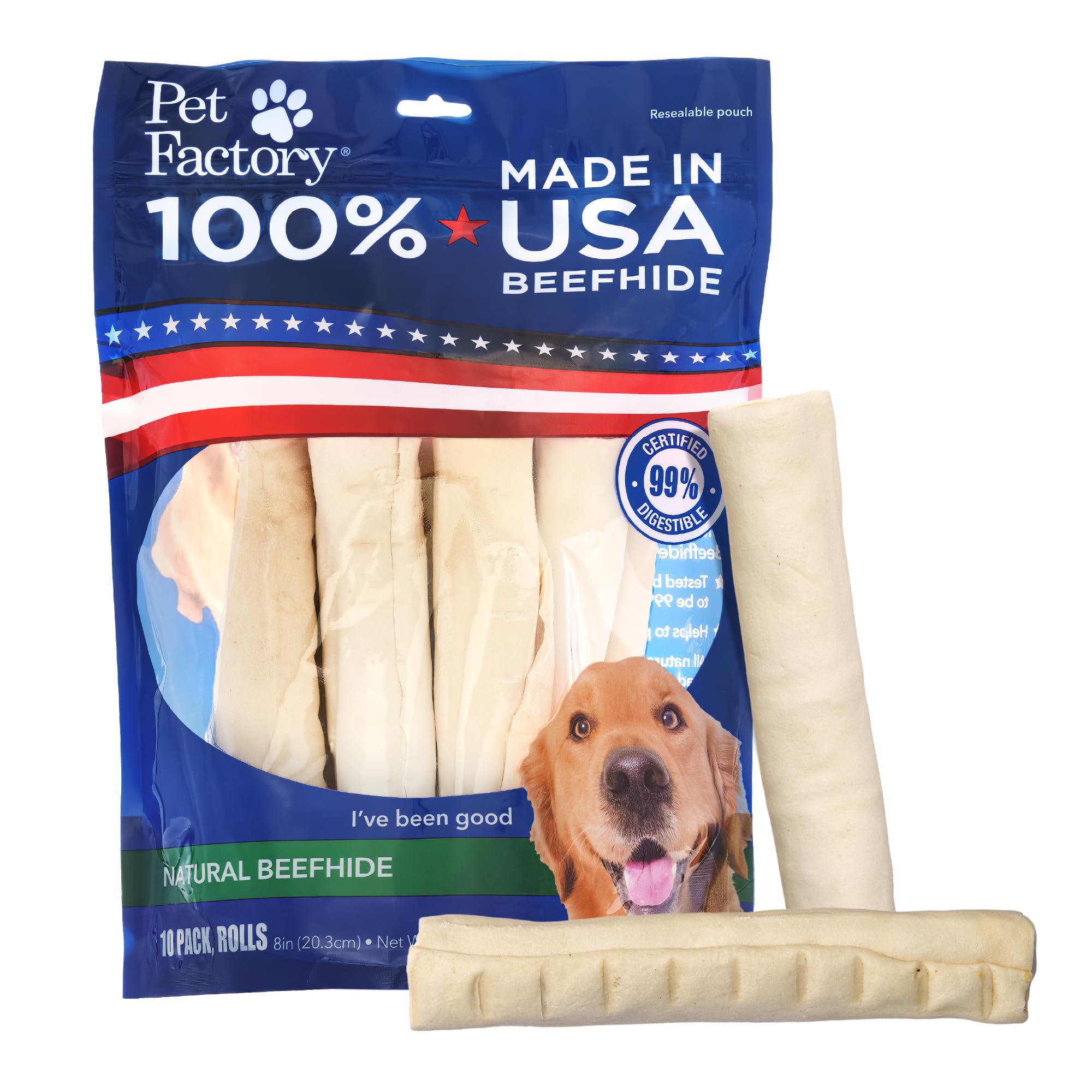 Pet Factory: hueso de res 8 pulgadas, masticación segura y duradera.
