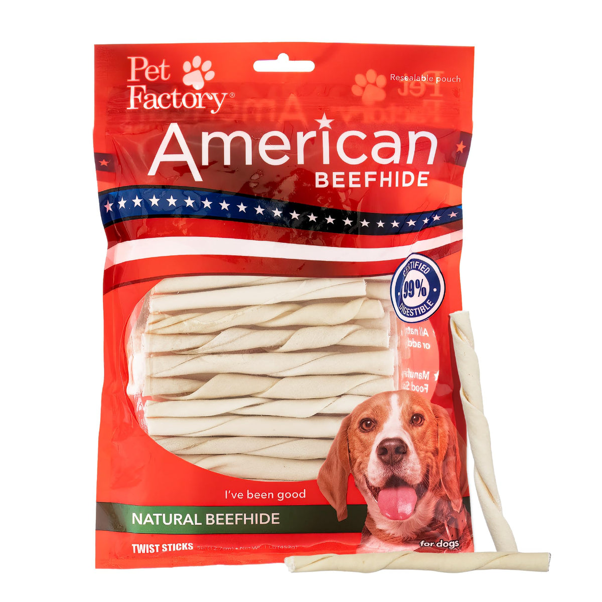 Pet Factory hueso rawhide americano 5in twist: promueve higiene dental durante la masticación