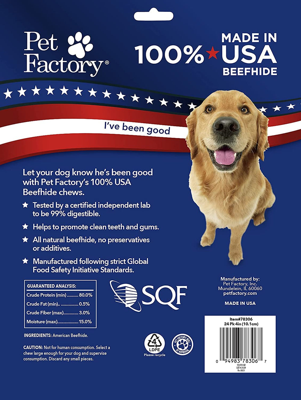 Pet Factory Hueso nudo de piel de res, sabor natural para perros.
