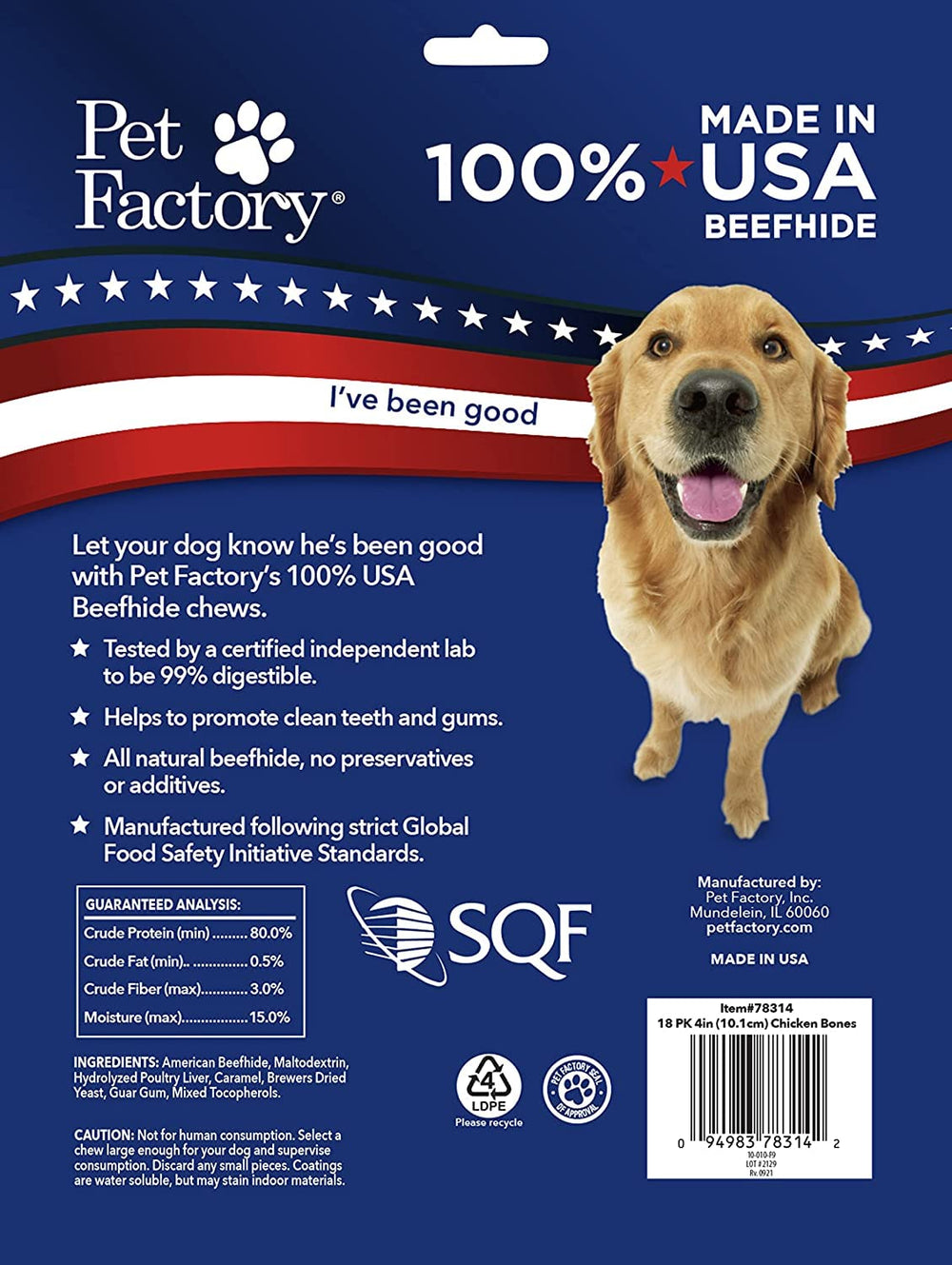 Pet Factory hueso de res trenzado, 4 pulgadas, sabor pollo para perros activos.