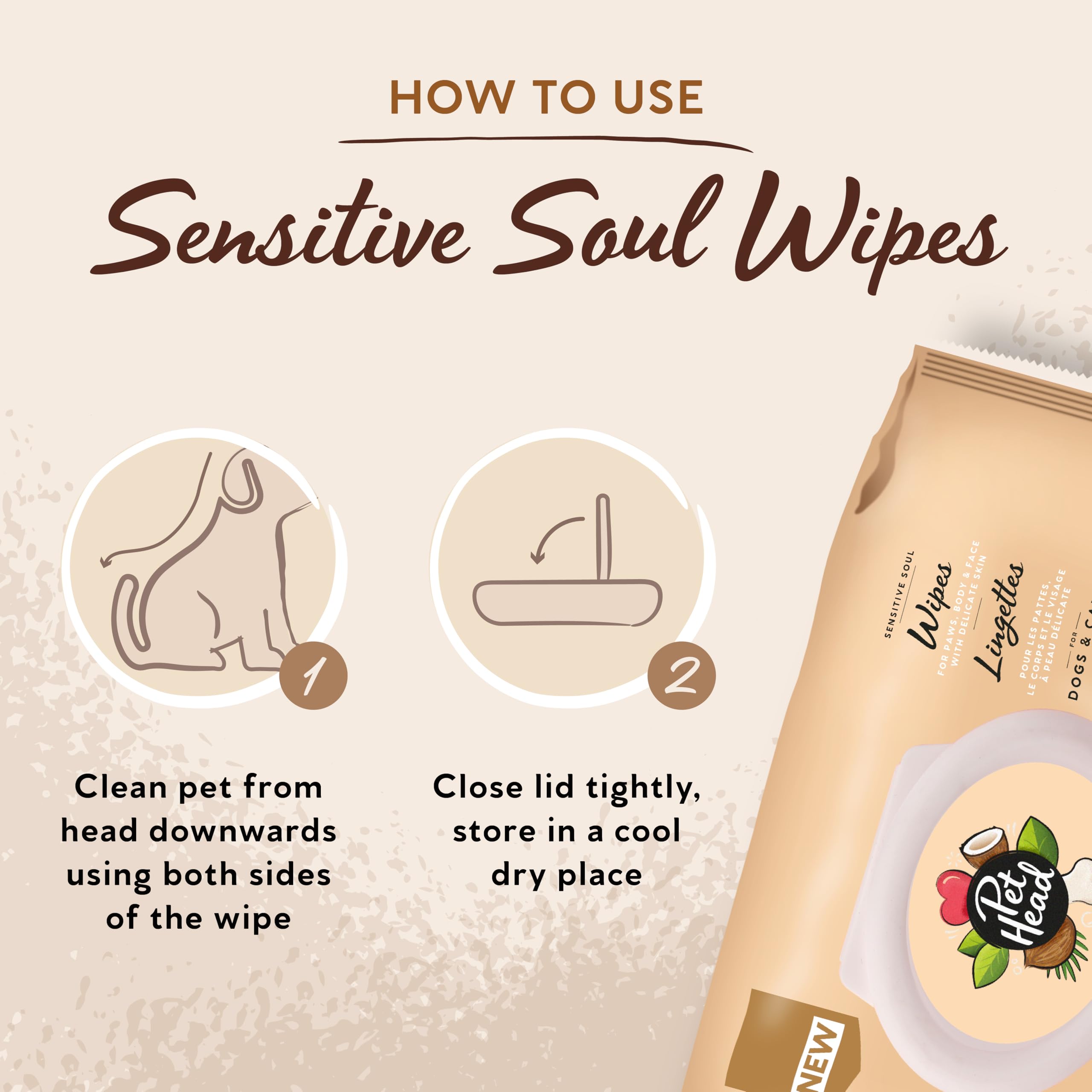 Toallitas biodegradables sin plástico de Pet Head Sensitive Soul.
