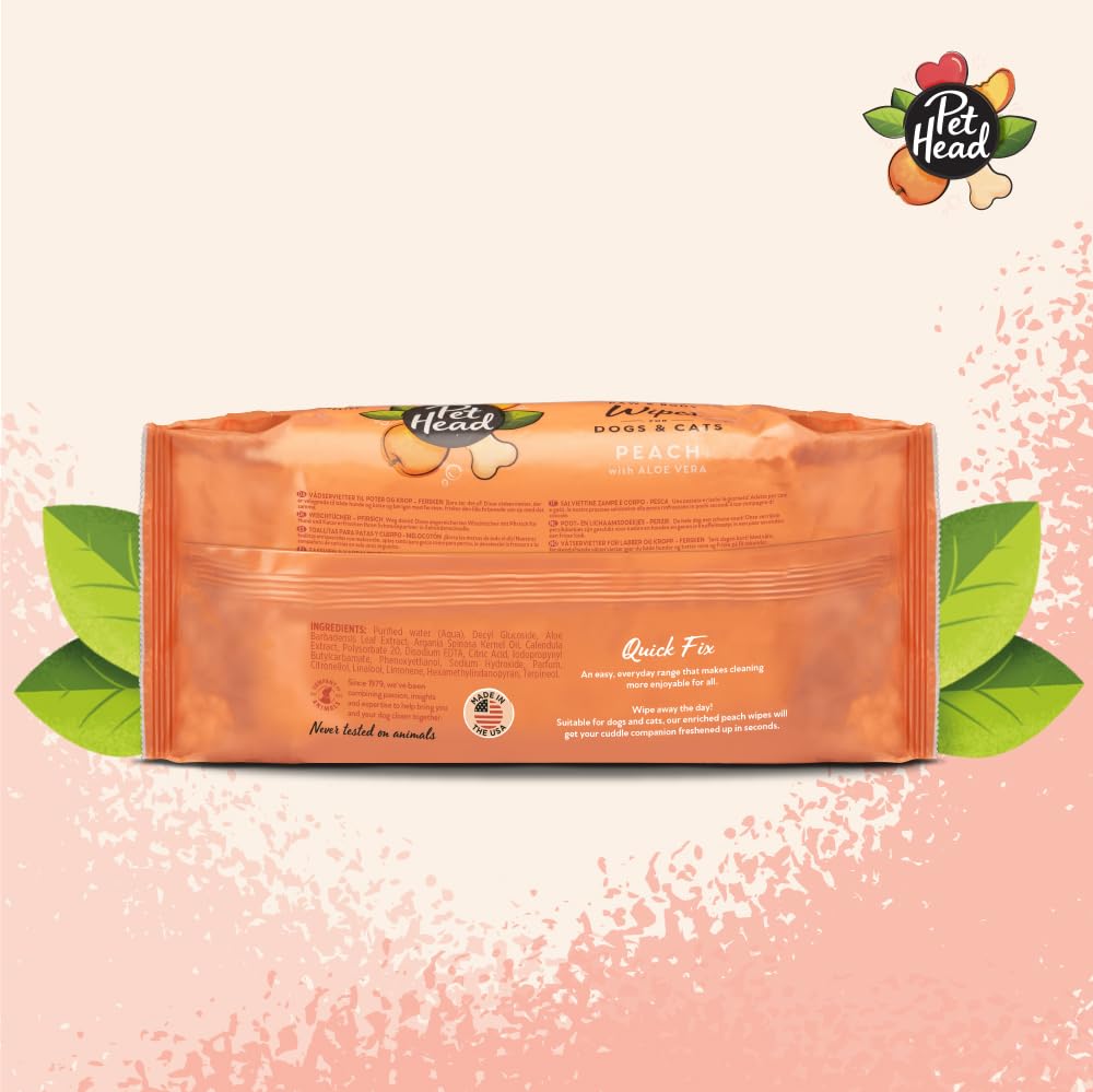 Toallitas Pet Head para limpieza diaria de gatos y perros con melocotón y aloe.