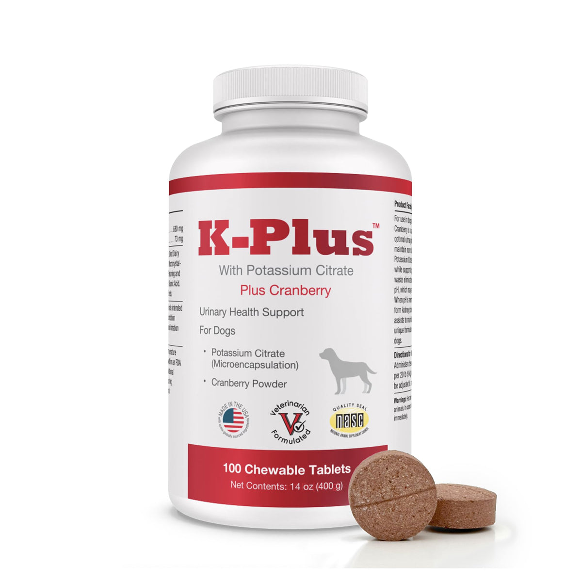 K-Plus tabletas masticables en bote para uso diario y salud urinaria.