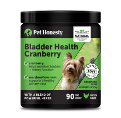Pet Honesty Bladder Health Cranberry Chews frente: posible apoyo a la salud renal y urinaria