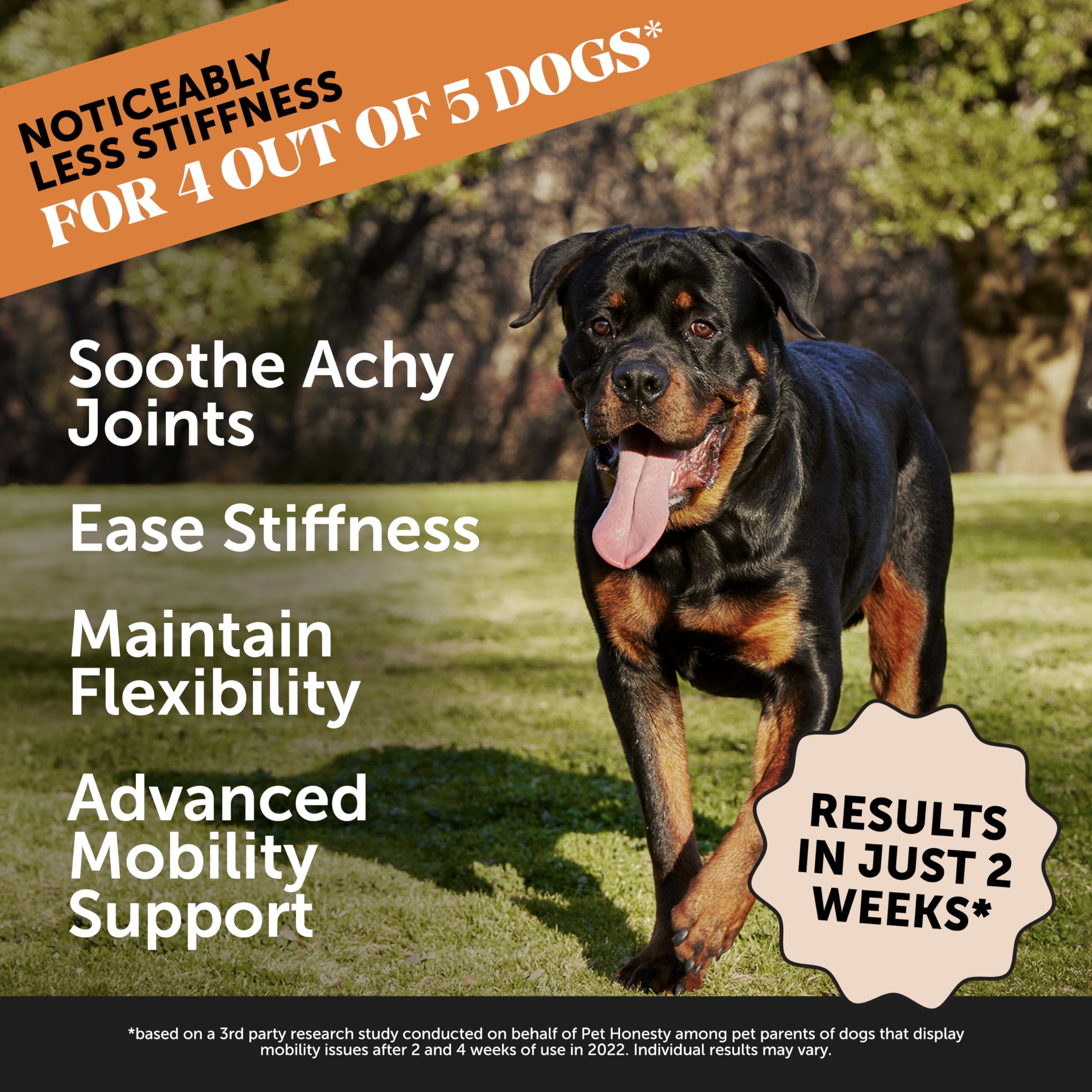 Pet Honesty Hip & Joint Health Max Strength masticables para perros, sabor apetecible para uso diario.