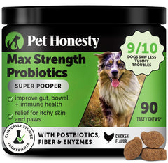 Pet Honesty Max Strength Probióticos para perros, frasco digestivo, apoyo diario al tracto intestinal.
